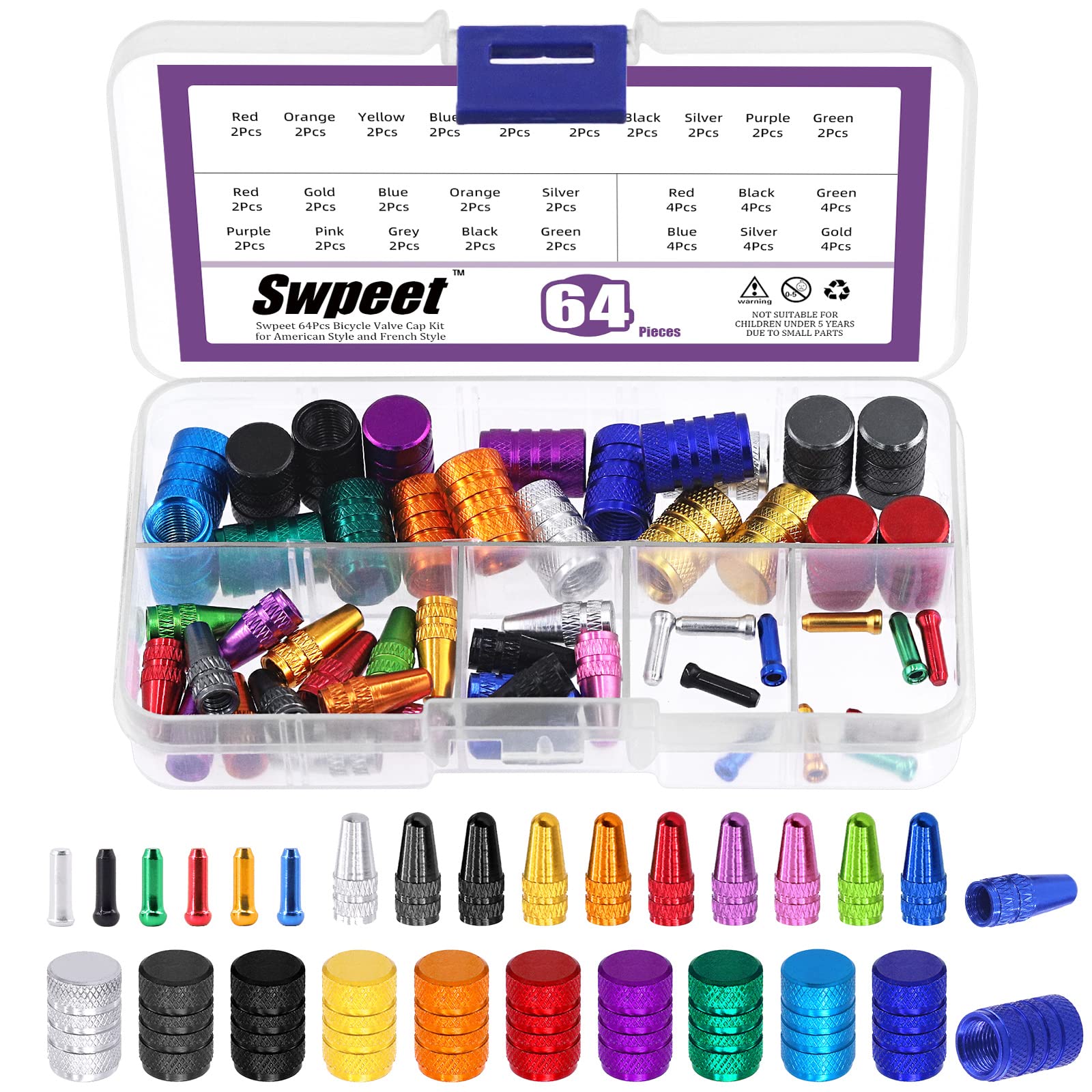 Swpeet 64-Piece Bike Cable End Caps Kit - 3 Styles, Multi-Color Anodized Aluminum Alloy Valve Caps & Adapters for Bicycle Tires | Perfect for Road Bikes, Mountain Bikes & Cycling Maintenance
