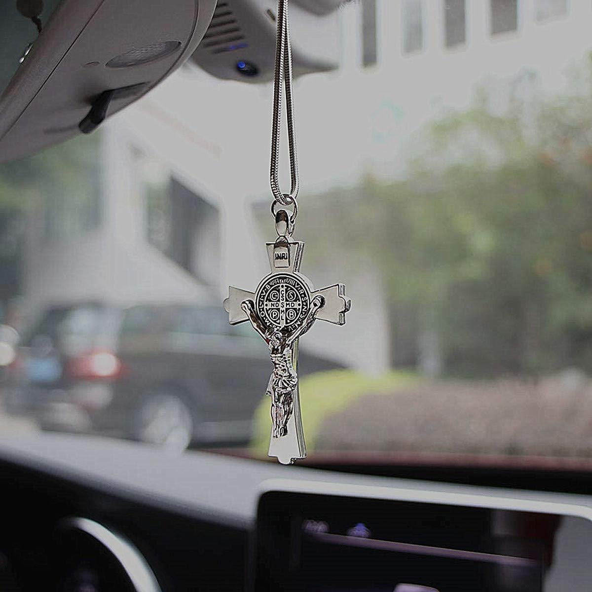 Metal & Crystal Diamond Cross Jesus Christian Car Rear View Mirror Pendant - Auto Styling Accessories for Car Decoration & Religious Inspiration While Driving