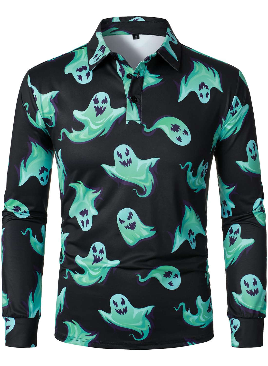 Men's Halloween Horror Ghost Printed Long Sleeve Polo Shirt - Spooky Crew Neck Costume T-Shirt for Halloween Parties, Cosplay & Horror Theme Events