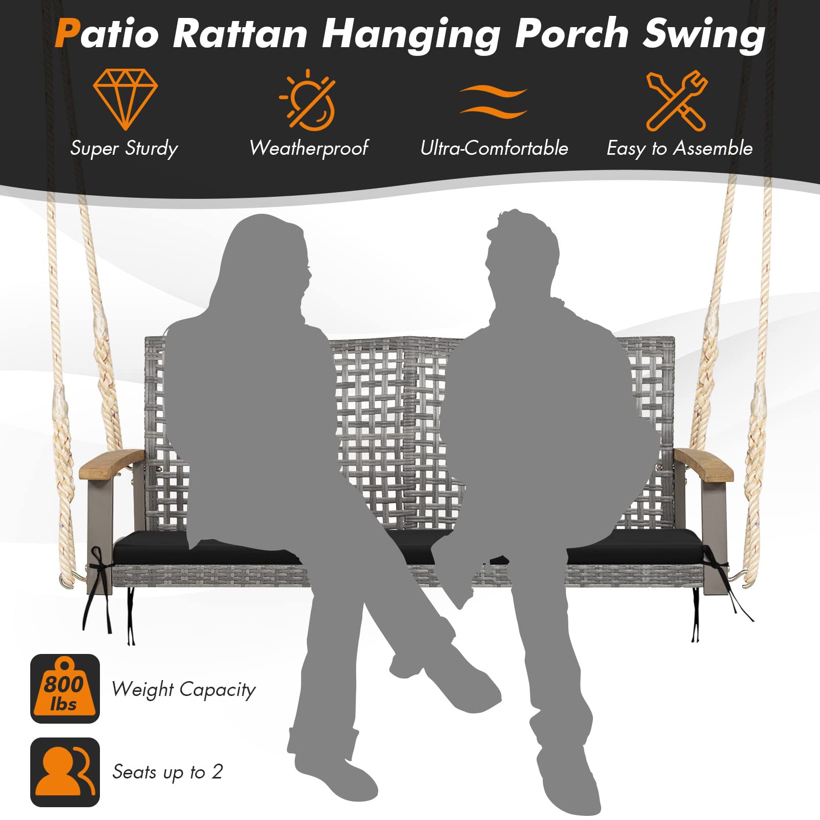 Happygrill 2-Person Outdoor Rattan Swing Chair with Acacia Wood Armrests - 118
