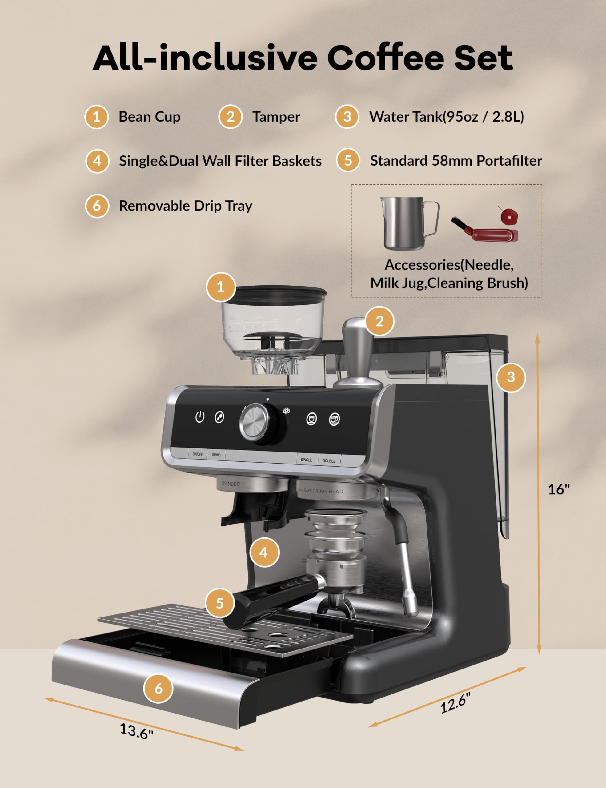 20 Bar Semi-Automatic Espresso Machine with Built-in Grinder & Milk Frother - 95oz Water Tank, PID Temperature Control - Perfect for Cappuccino, Latte & Macchiato - Ideal for Home Baristas & Coffee Lovers (Dark Gray)