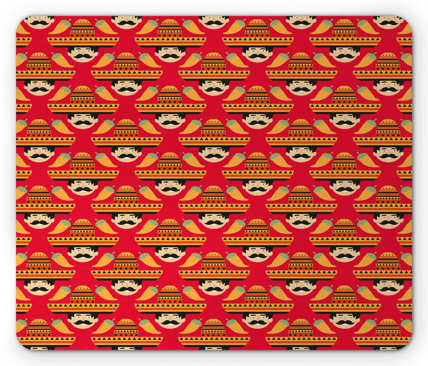 Ambesonne Cinco de Mayo Mouse Pad - Non-Slip Rubber Mouse Mat with Mexican Peppers Man Head Design, Sombrero Hat & Mustache Pattern - Standard Size Rectangle Desk Accessory for Office, Gaming & Home Computer Use (Vermilion Multicolor)