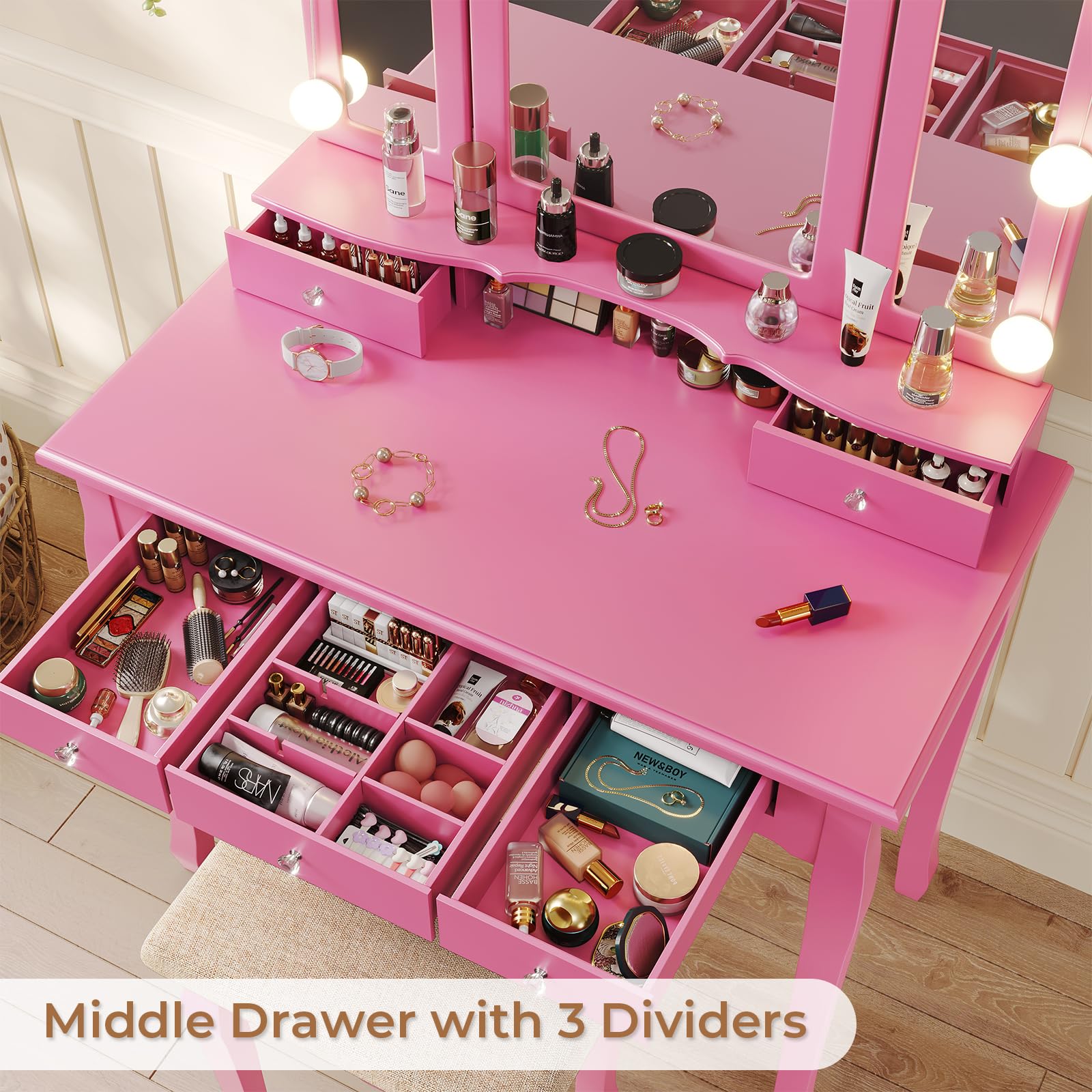 Tiptiper Vanity Desk with Tri-Fold Mirror & LED Lights, Pink Makeup Dressing Table with Wooden Stool, 5 Drawers & 8 Jewelry Hooks - Perfect for Small Spaces, Bedroom Decor & Gift Ideas