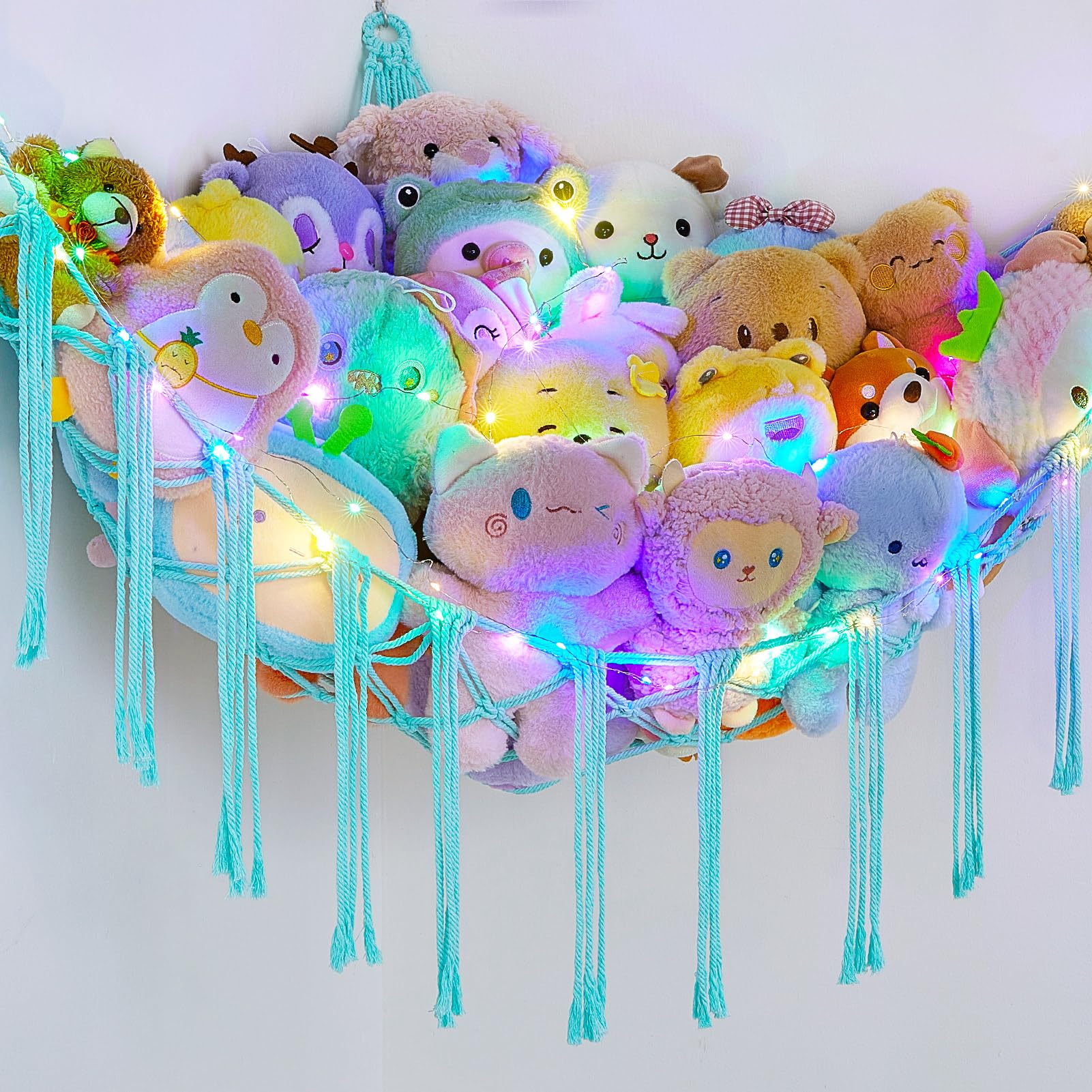 **Basumee LED Stuffed Animal Hammock - Light Aqua Green Wall-Mounted Toy Storage Net for Kids Room Decor & Organization - Perfect for Bedroom, Nursery, or Playroom**