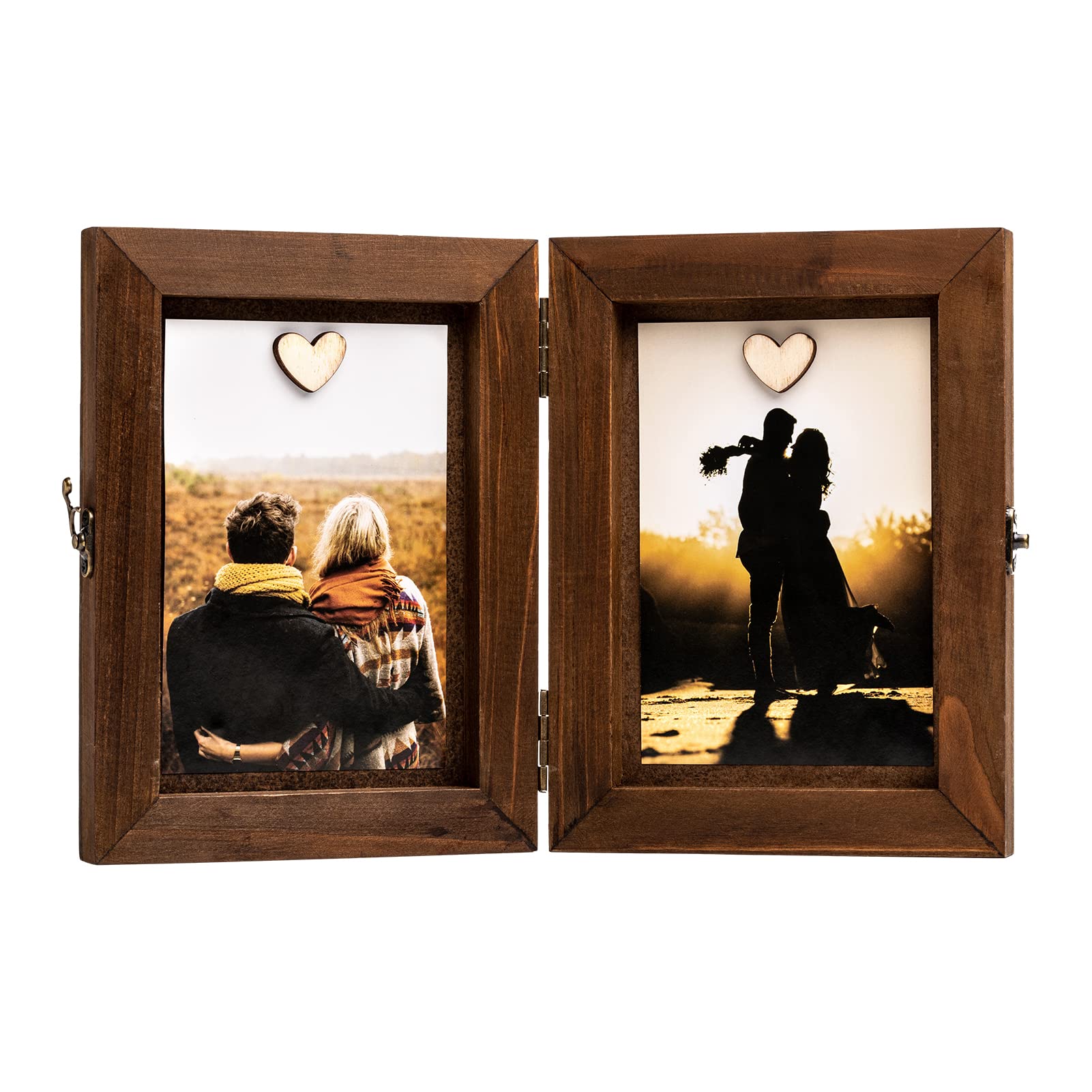 OKSQW Double Picture Frame - Foldable Hinged Rustic 4x6 Wood Photo Frame with Vintage Metal Buckle & Magnet - Wooden Memorial Box Gift for Photos & Message Cards - Brown Farmhouse Style - Perfect for Family Photos, Home Office Desk Decor, and Unique Gift Ideas
