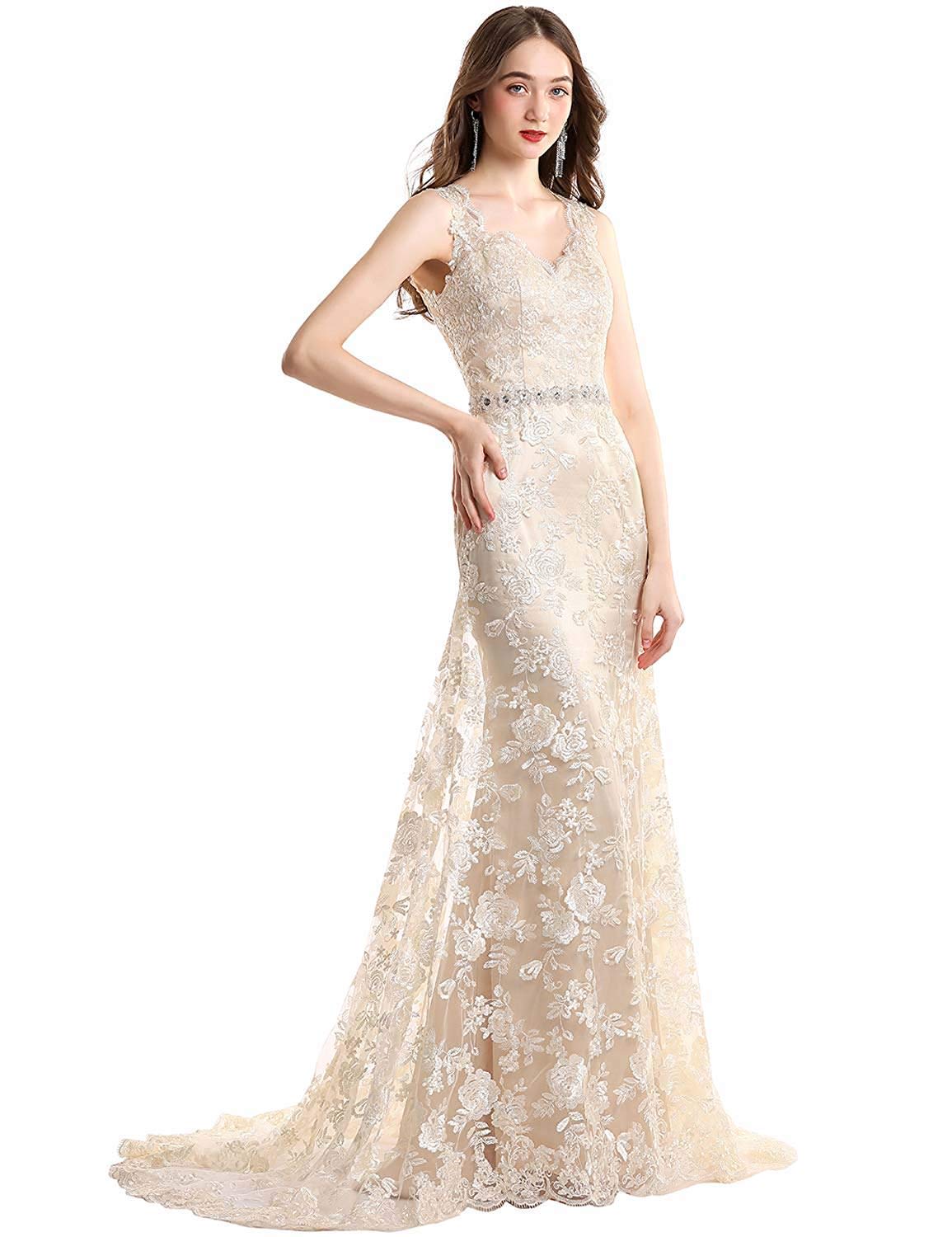MKbridal Women's Vintage V-Neck Mermaid Wedding Dress - Elegant Lace Long Sleeveless Bridal Gown for Evening, Prom, and Special Occasions | Perfect for Beach Weddings, Formal Events & Romantic Celebrations