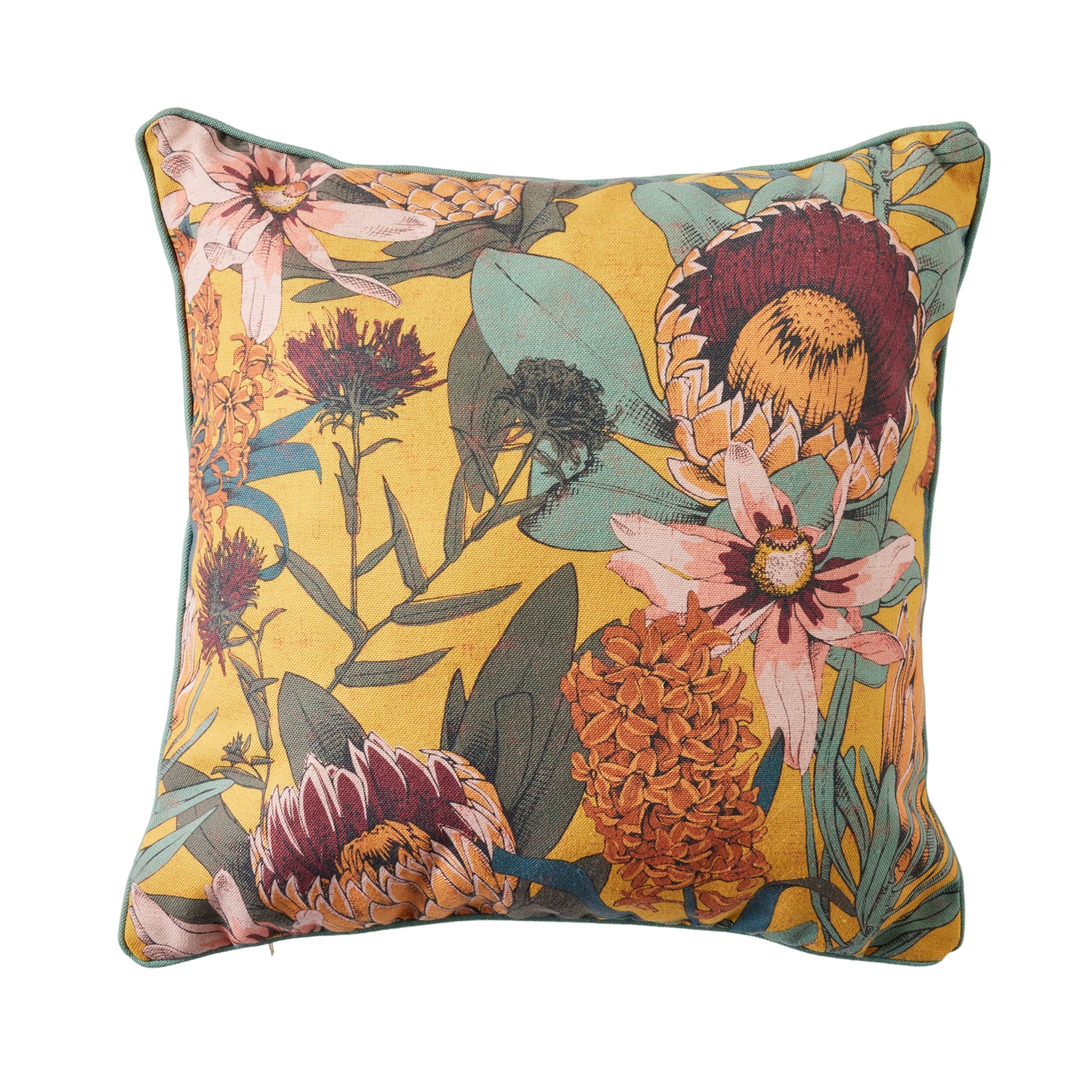 Aruba Protea Floral Print Mustard Yellow Decorative Cushion Cover 45x45 Inches - Perfect for Sofa, Bed, and Home Decor