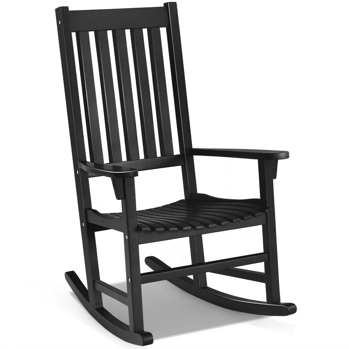 Signature Wooden Rocking Chair - High Back Porch Rocker for Indoor & Outdoor Use, Garden Seat in Black - Perfect for Patio, Living Room, and Camping Relaxation