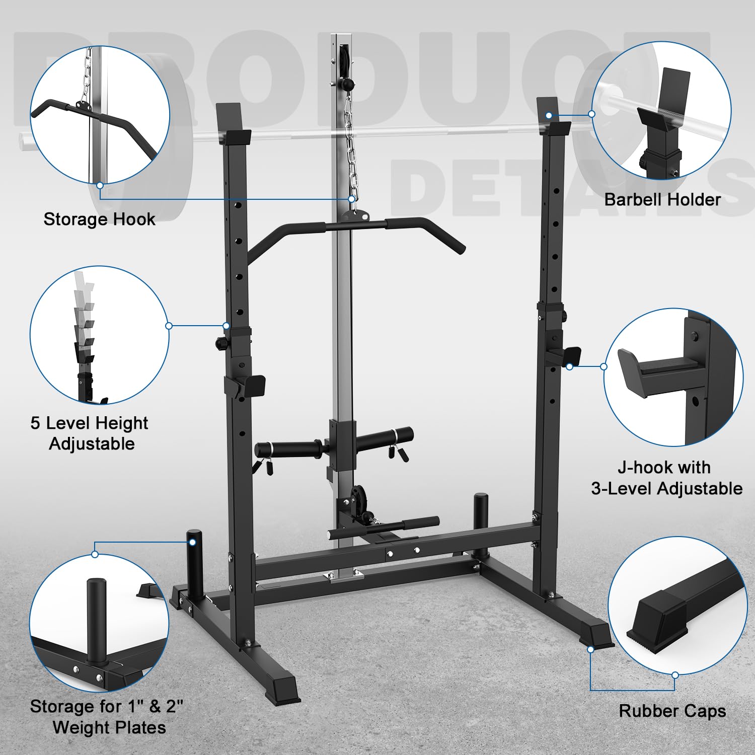 Adjustable Power Rack with LAT Pulldown & Pulley System - Multi-Functional Squat Cage for Home Gym - Perfect for Strength Training, Weightlifting & CrossFit Workouts