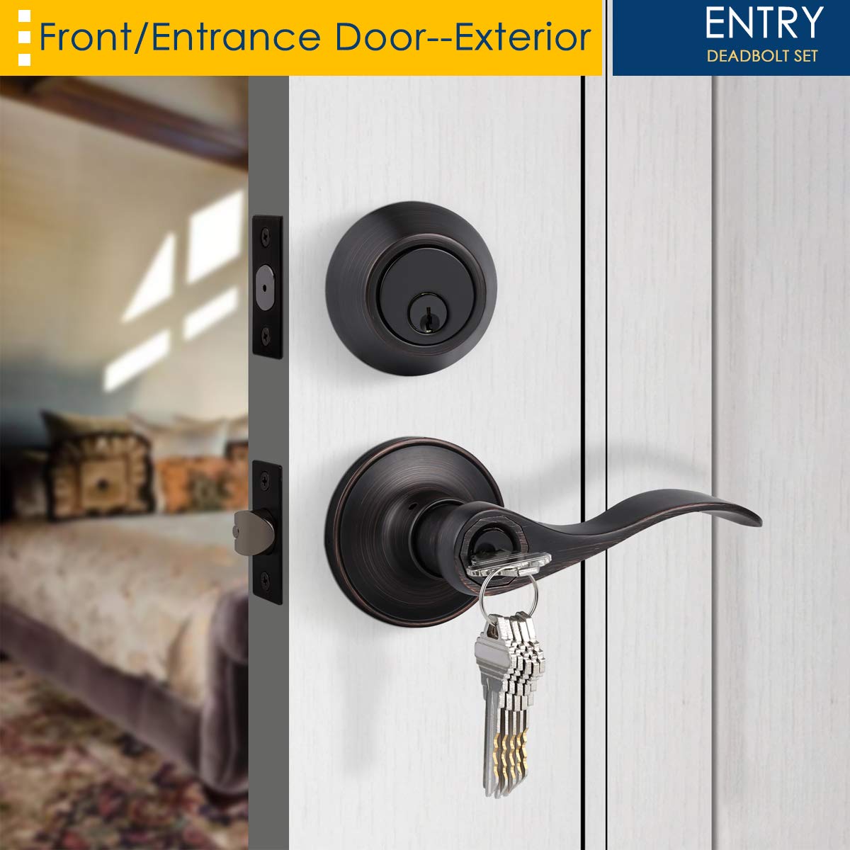 5 Pack Oil Rubbed Bronze Exterior Door Handle with Deadbolt Lock Set - Single Cylinder Keyed Alike Entry Lockset for Home Security - Perfect for Front Doors, Back Doors & Rental Properties