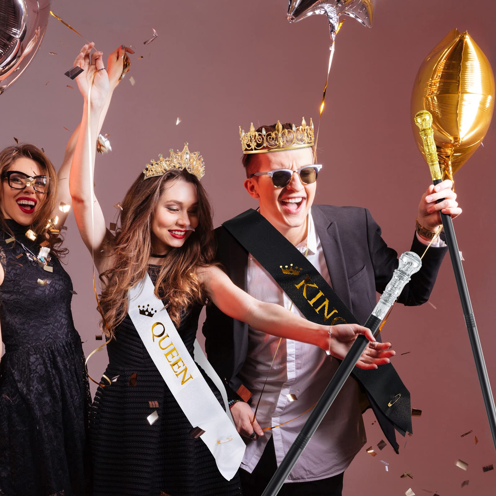 Zhanmai 6 PCS Prom King & Queen Crown Set with Walking Canes & Sashes - Perfect for Halloween Costumes, Graduation Parties, Birthday Celebrations & Royal Theme Events