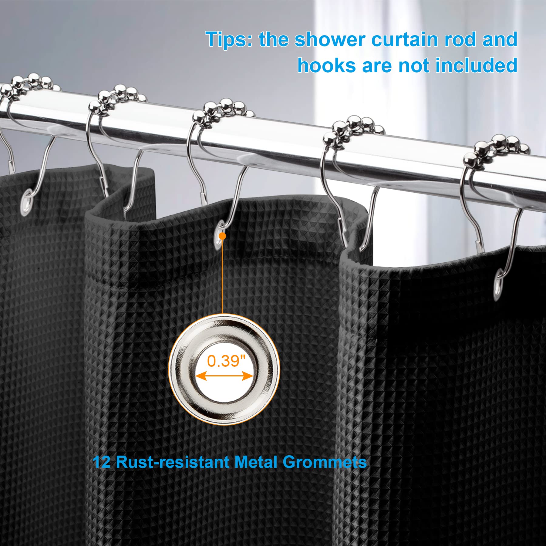 AmazerBath Waffle Weave Shower Curtain - Heavy Duty Hotel Quality Fabric Bathroom Curtain 72x78 Inches, Black - Perfect for Luxury Bathrooms & Spa-Like Showers