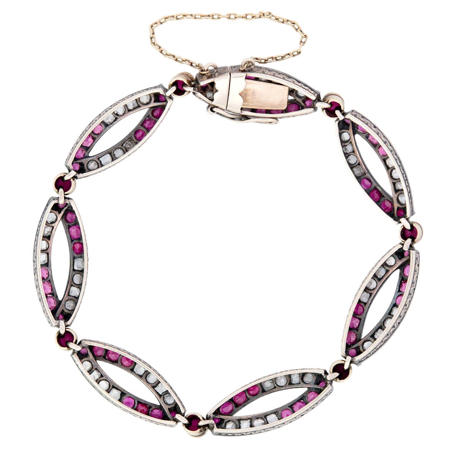 Exquisite Victorian French 18k Gold/Sterling Silver Ruby & Diamond Bracelet - Elegant Jewelry for Weddings, Anniversaries & Special Occasions