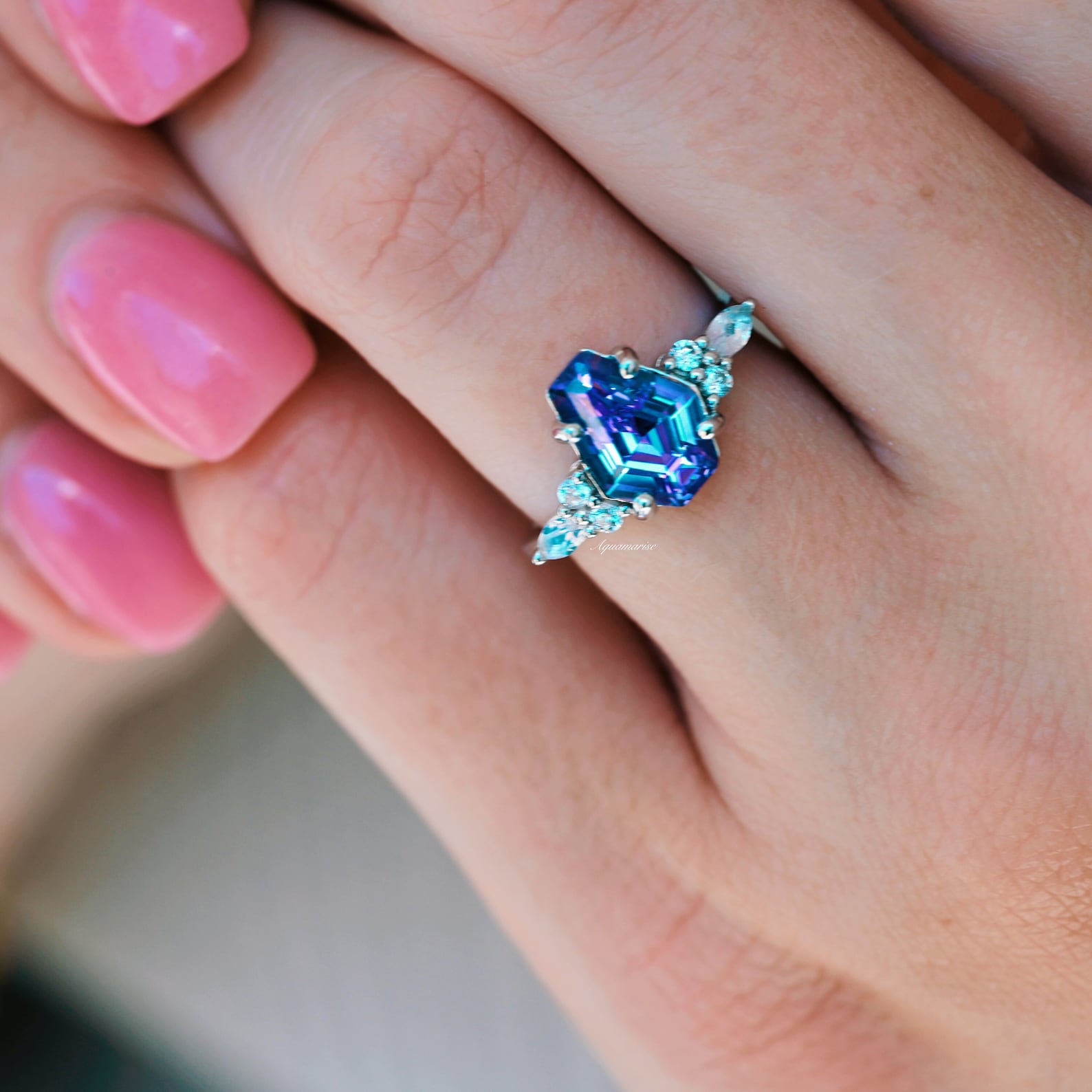 925 Sterling Silver Coffin Cut Alexandrite & Moonstone Ring for Women - Elegant Gothic Jewelry for Weddings, Parties & Night Out