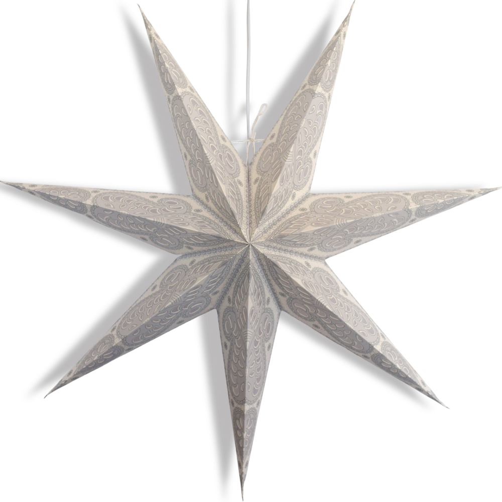 24-Pack White & Grey Peacock 7-Point Paper Star Lanterns for Hanging - Perfect for Weddings, Parties, and Home Decor