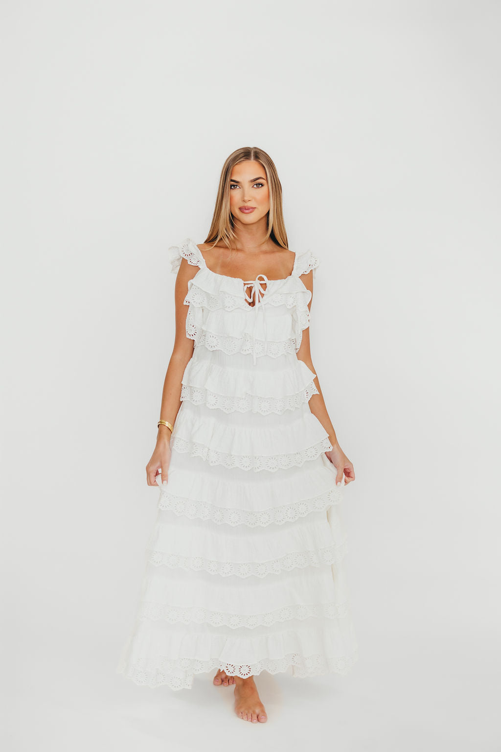 Mikayla 100% Cotton Lace and Gauze Contrast Tiered Maxi Dress in Off White - Elegant Boho Summer Beach Wedding Party Dress for Women