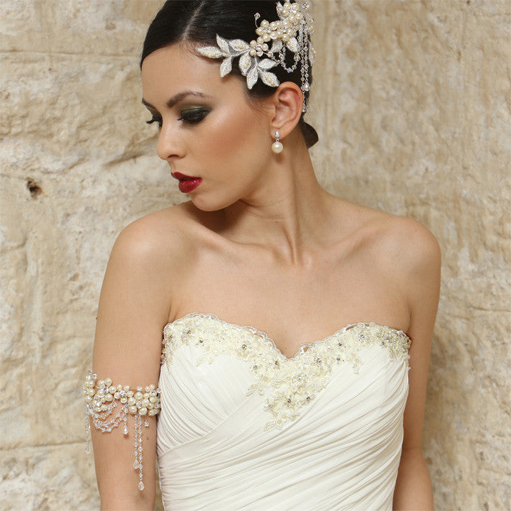 Elegant Kezani Pearl Flower Wedding Armband with Crystal Drapes - Perfect for Bridal Accessories, Formal Events & Special Occasions