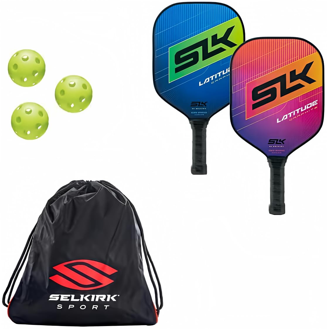 Selkirk SLK Latitude Pickleball Set - 2 Graphite Paddles with G4 Face & Polymer Rev-Core, 3 Balls, 1 Carry Bag | USA-Designed Pickleball Rackets for Outdoor & Indoor Play | Perfect for Beginners & Advanced Players