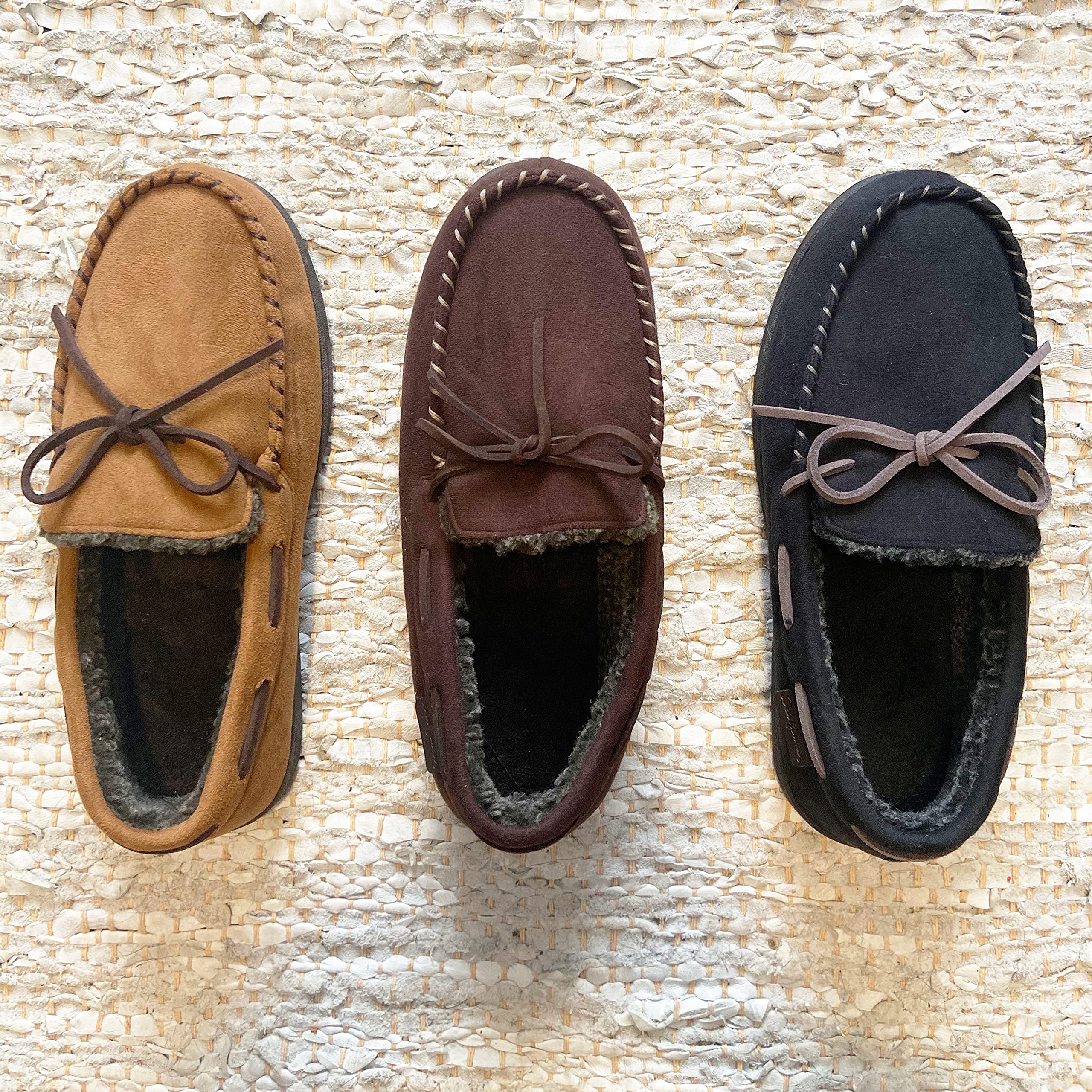 Dearfoams Men's Memory Foam Moccasin Slippers - Breathable House Shoes for Men, Dad, Brother, Husband - Perfect for Indoor Comfort, Lounge Wear & Gift Giving