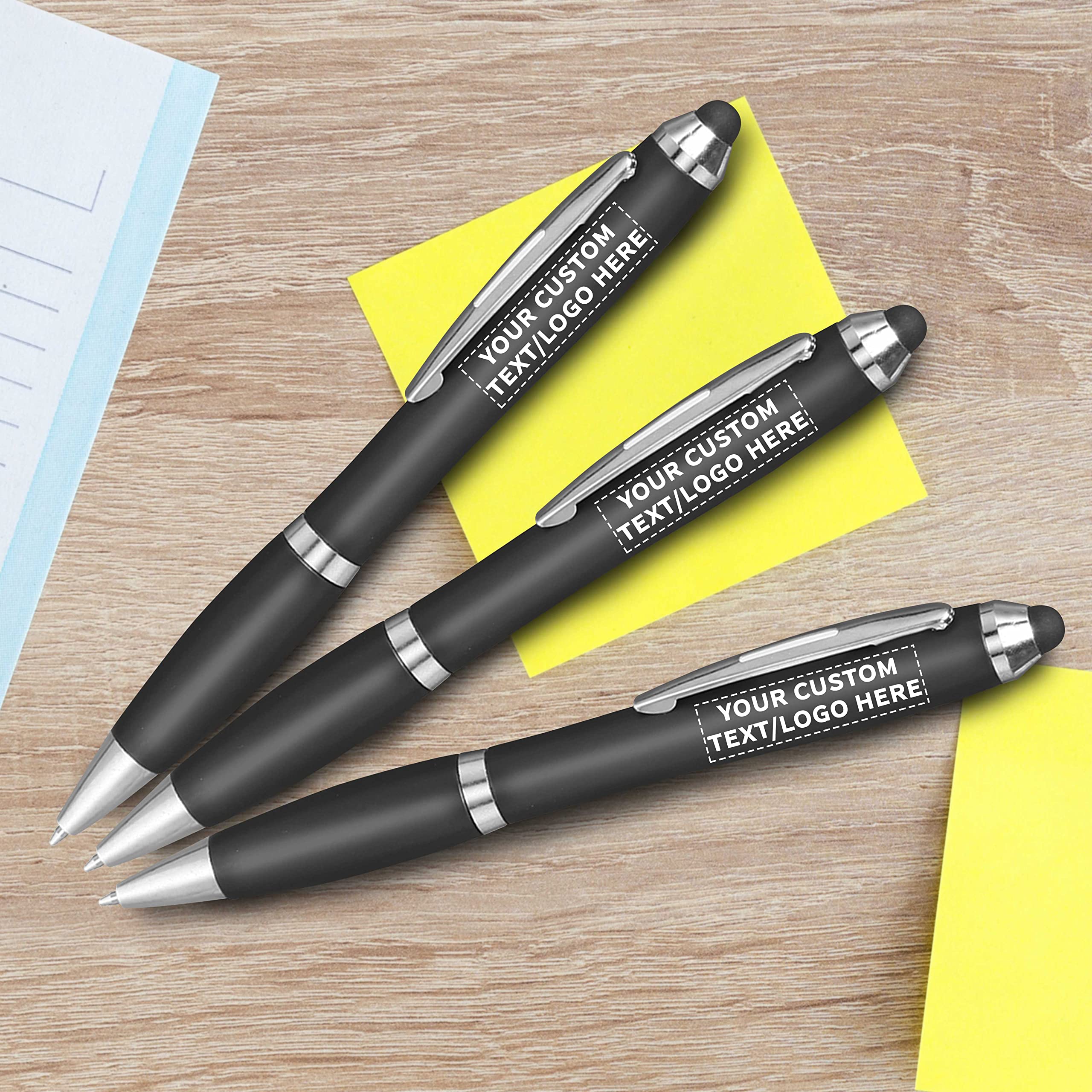 Custom Plastic Stylus Pens Bulk Pack of 100 - Personalized Black Ink Stylus for Touchscreens - Perfect for Office, School, Business, Tradeshows & Events - Great for Tablets, iPads, Smartphones & Digital Signatures