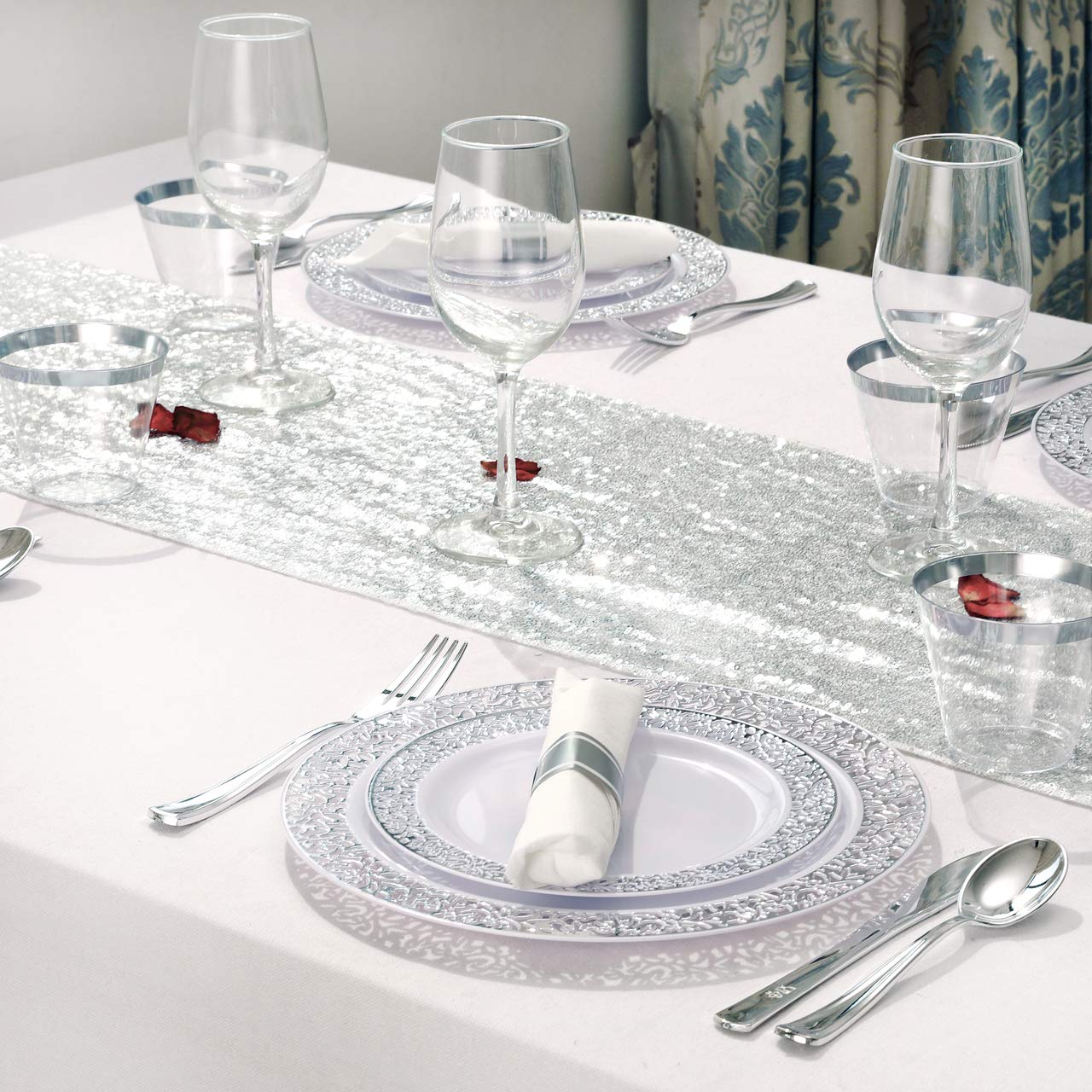 WELLIFE 350-Piece Silver Disposable Plastic Dinnerware Set - Elegant Silver Lace Plates, Cups & Cutlery for Weddings, Parties, Events & Catering - Includes 50 Dinner Plates, 50 Dessert Plates, 50 Cups & 50 Pre-Rolled Napkins - Perfect for Birthday Celebrations, Bridal Showers & Formal Gatherings