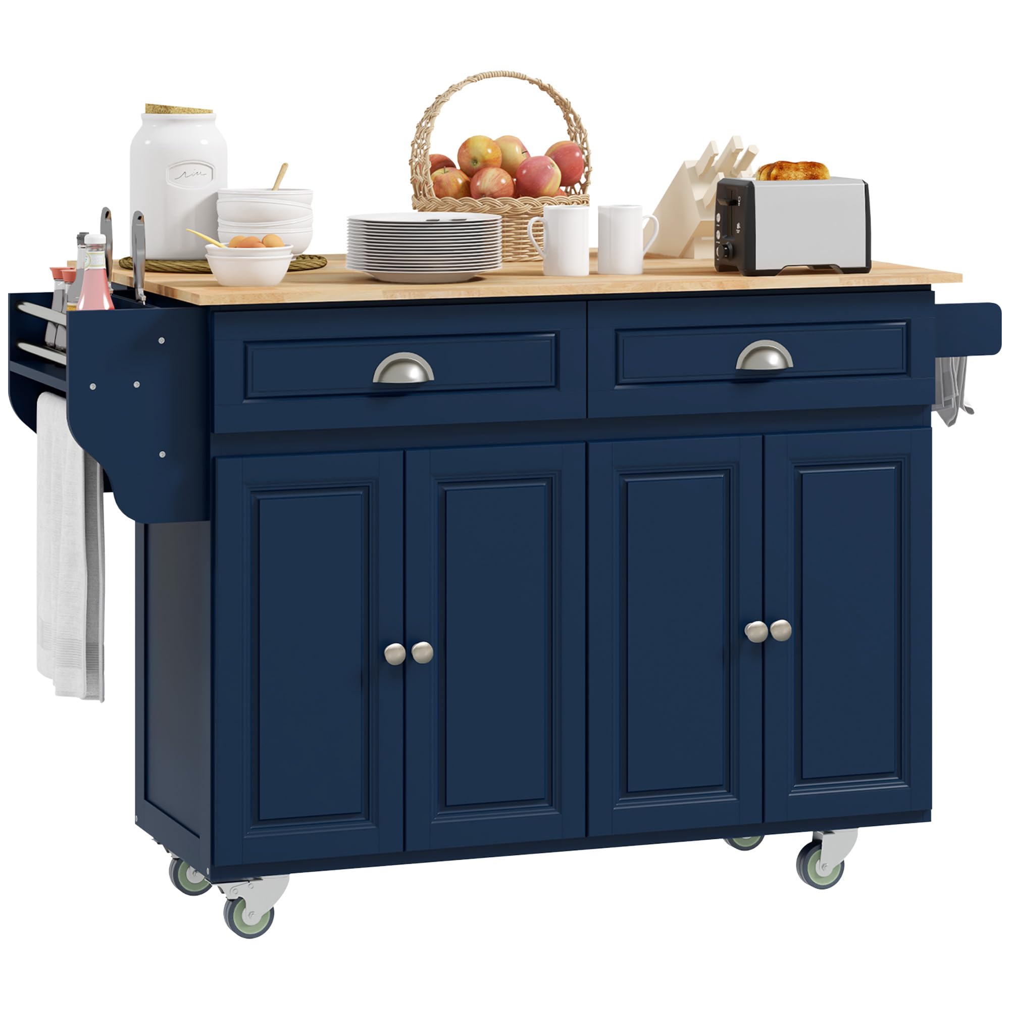 HOMCOM Rolling Kitchen Island Cart with Drop Leaf - Mobile Kitchen Cart with Rubber Wood Top, 2 Drawers & 2 Storage Cabinets - Kitchen & Dining Room Organizer in Dark Blue | Perfect for Small Spaces, Food Prep, and Extra Counter Space