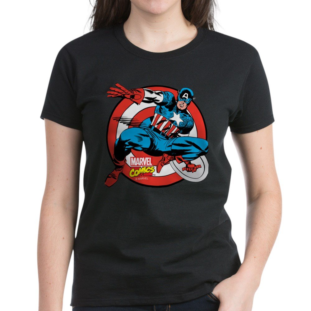 Captain America Shield Women's Dark Cotton T-Shirt - Marvel Avengers Superhero Graphic Tee for Women - Casual Wear, Cosplay & Comic Con Outfits
