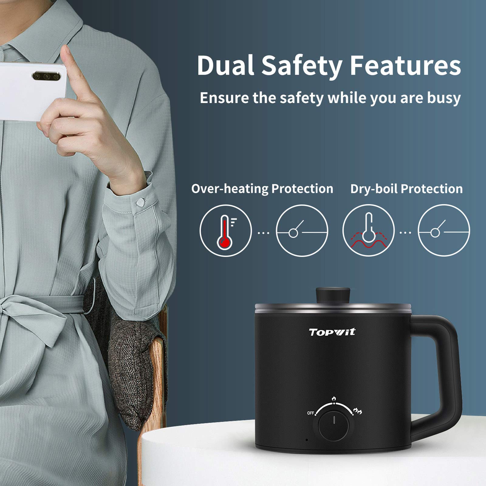 Topwit 1.6L Electric Hot Pot - Multi-Function Cooker for Ramen, Pasta, Shabu-Shabu, Soup & Eggs | Portable Mini Cooking Pot for Dorm, Office & Camping | Black