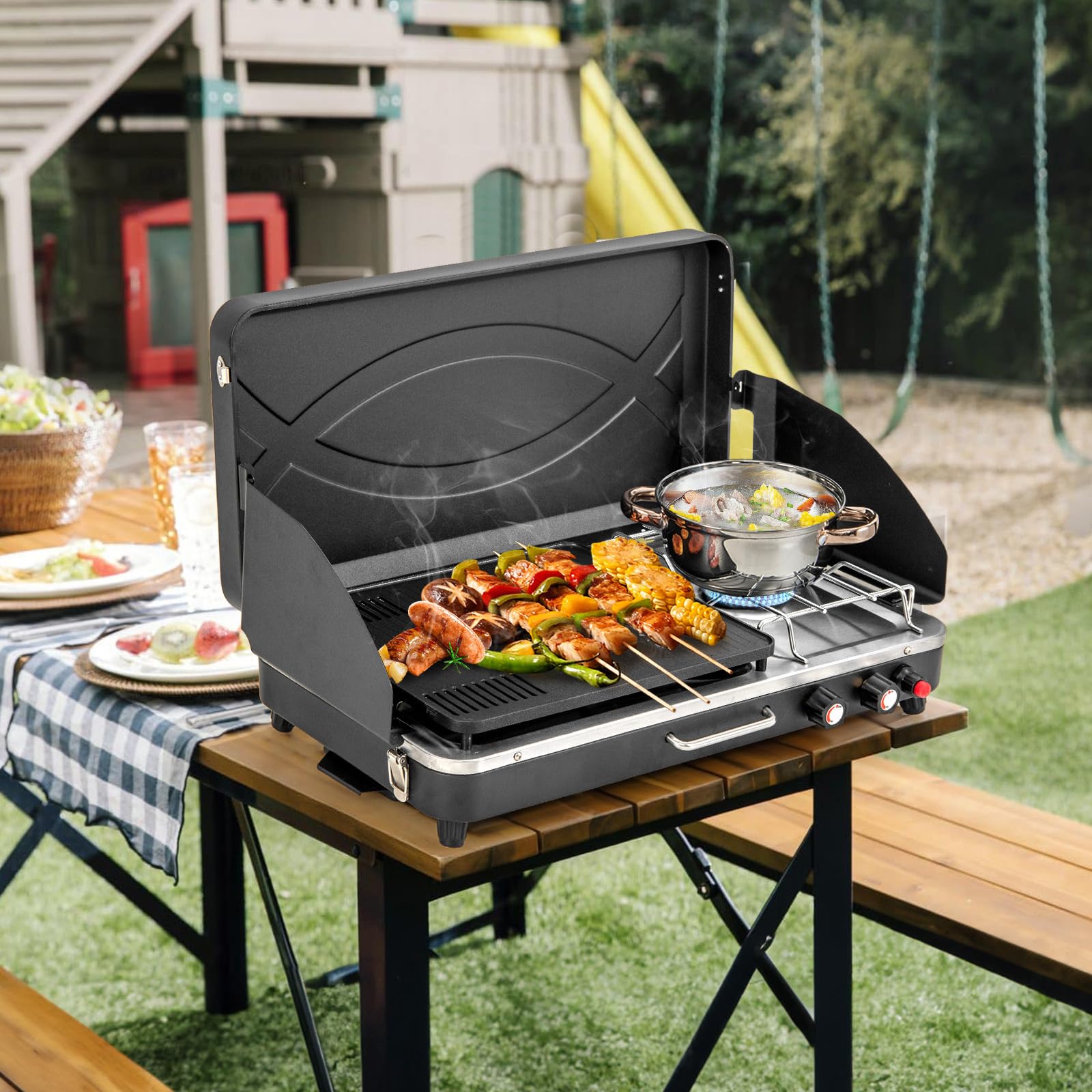 2-Burner Propane Camping Stove - Portable Outdoor Grill with Detachable Legs & Wind Screen - 22,000 BTU High Power for Camping, BBQ, Picnics - Perfect for Backpacking, Tailgating & RV Trips - Black