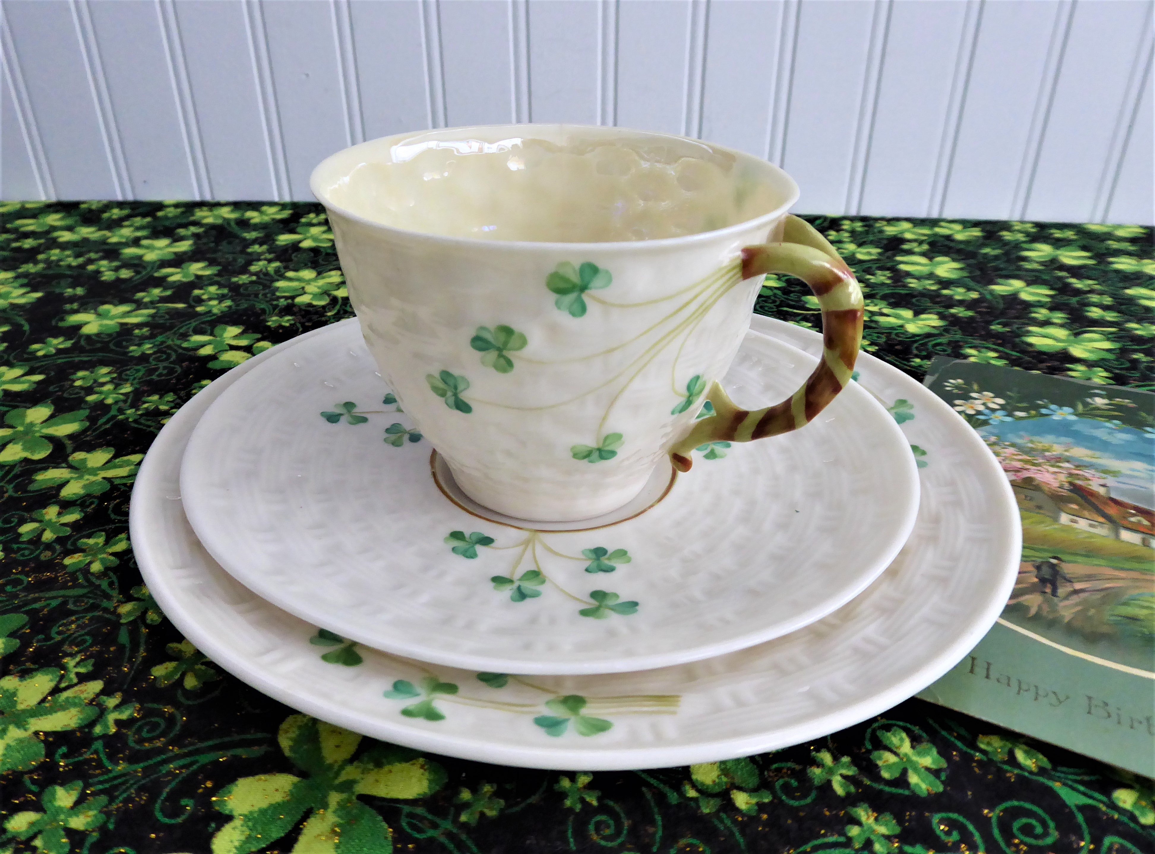 Vintage Irish Belleek Teacup Trio Set - Handcrafted Basket Weave Design with Shamrocks (1950s 4th Green Mark) - Perfect for Afternoon Tea, Collectible Irish Porcelain, Wedding Gift