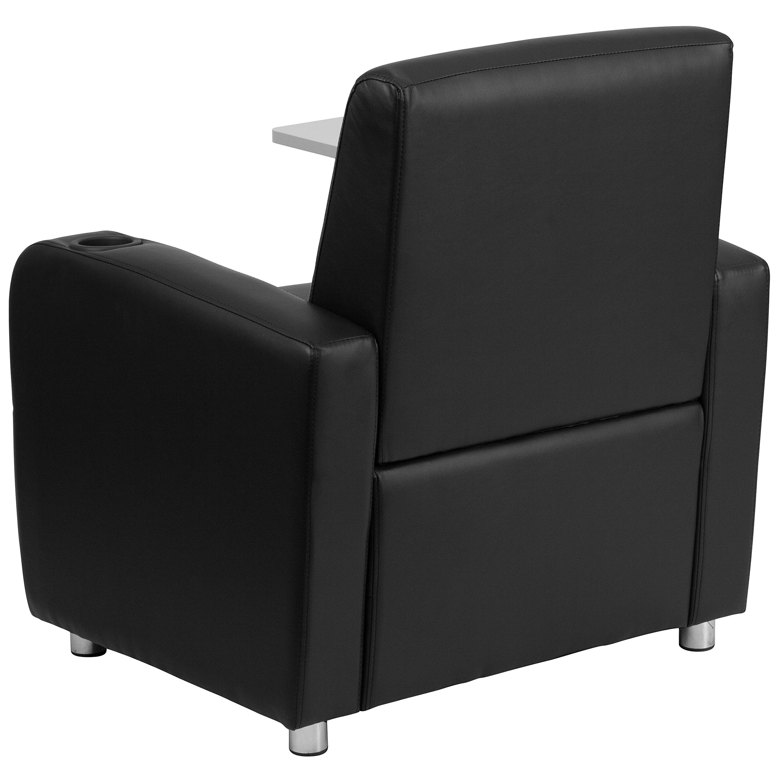 Premium Black LeatherSoft Tablet Arm Chair with Chrome Legs & Cup Holder - Ergonomic Office Chair for Home & Business Use, Perfect for Conference Rooms, Waiting Areas & Study Spaces