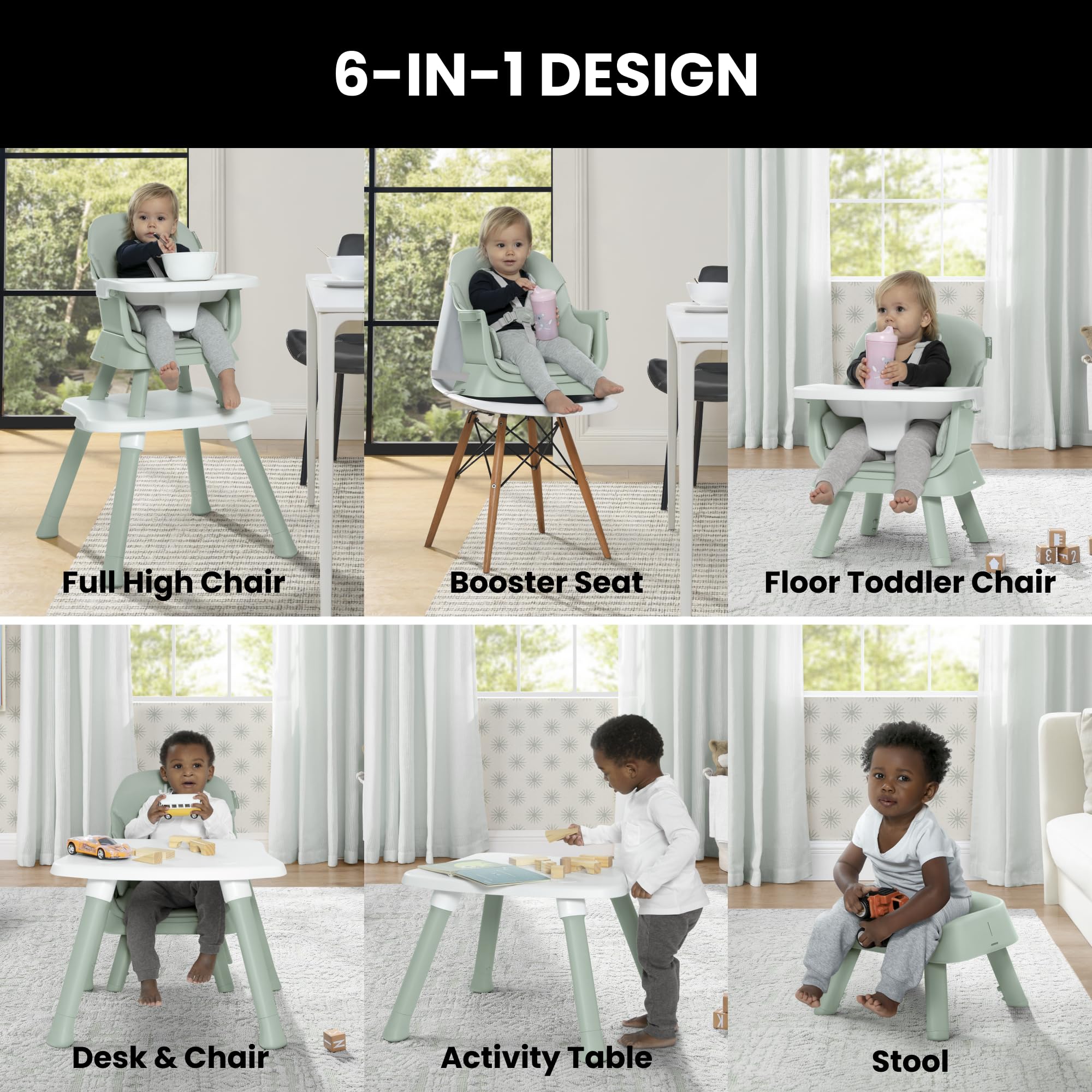 Delta Children Jeep Milestone 6-in-1 Convertible High Chair - Transforms to Stool, Booster Seat, Toddler Chair, Activity Table & Desk Set in Sage Green - Perfect for Dining, Playtime & Learning Activities