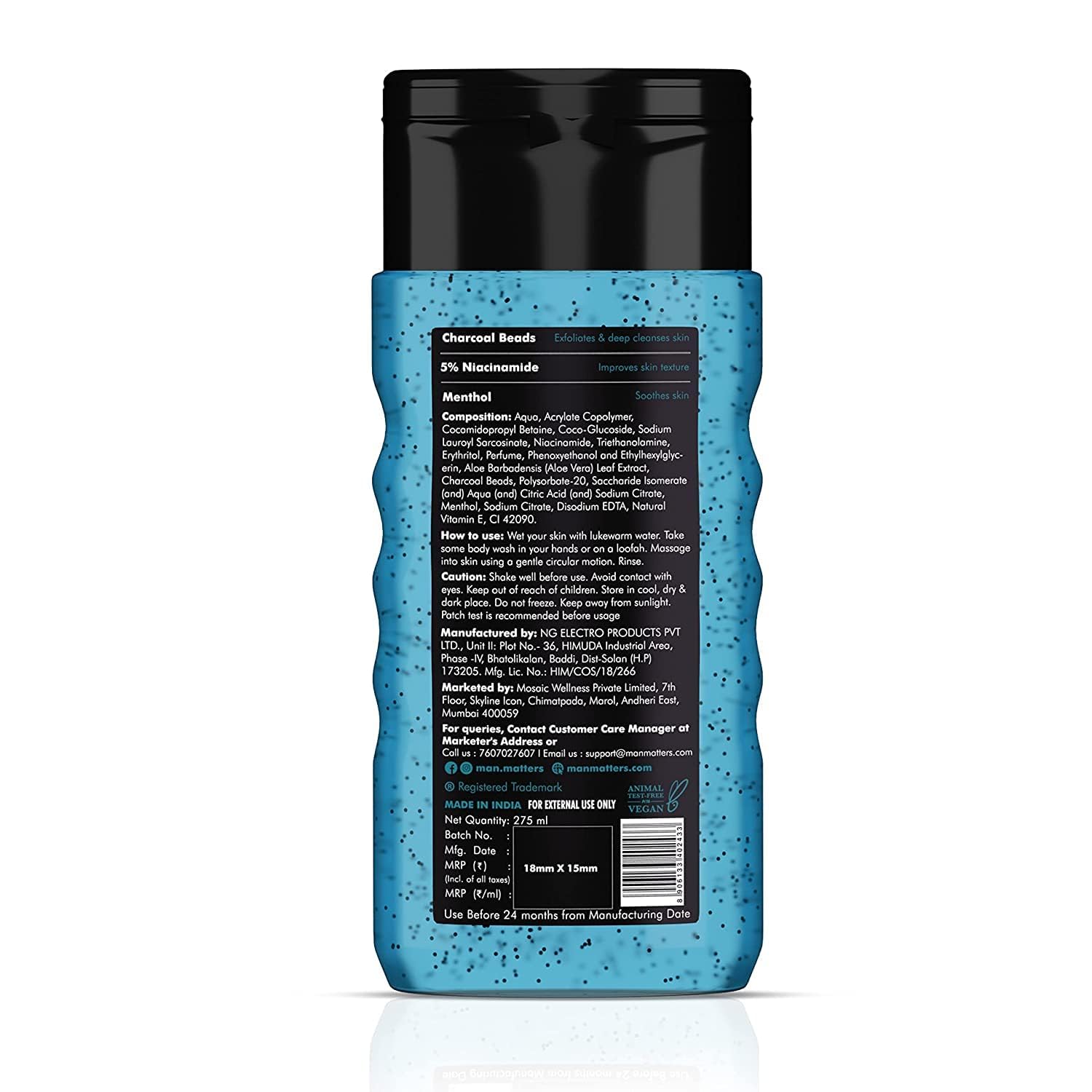 Men's Charcoal Body Wash with 5% Niacinamide, Activated Charcoal & Menthol - Deep Cleansing, Detoxifying & Exfoliating Shower Gel - Paraben & Soap Free - 8.5 fl oz - Perfect for Post-Workout, Gym & Daily Shower Routine