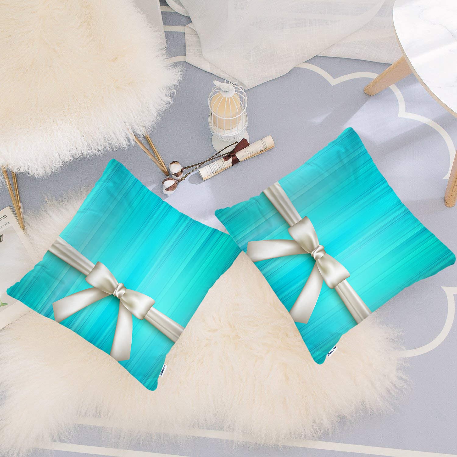 Batmerry 20x20 Inch Turquoise Blue & White Striped Satin Bow Pillow Covers Set of 2 - Elegant Double Sided Square Throw Pillow Cases for Sofa, Bed, Couch - Perfect for Holiday Decor, Wedding Gifts & Home Decoration