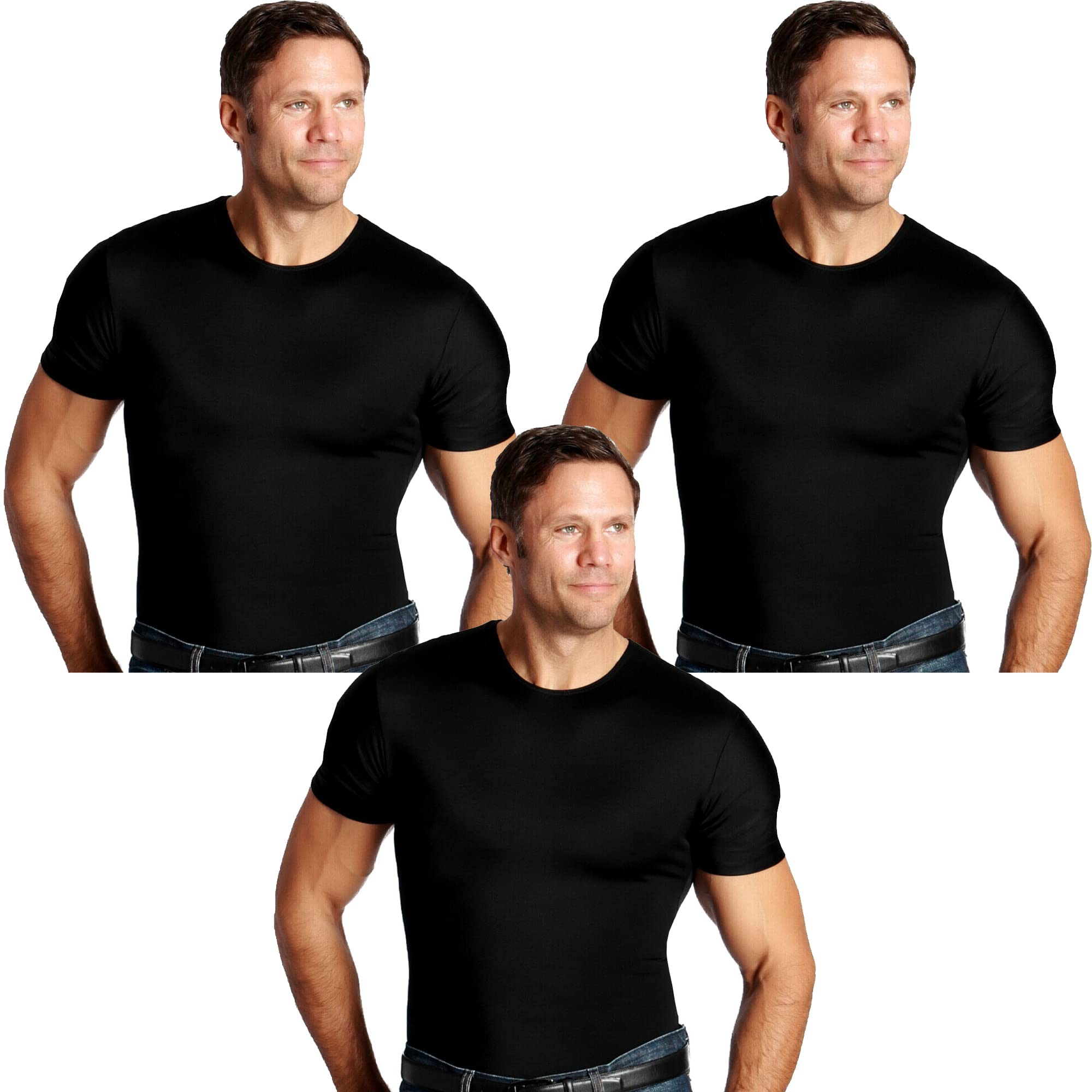 Insta Slim ISPRO Men's Slimming Crew Neck Short Sleeve Compression Shirt - Shapewear for Weight Loss & Body Shaping (3-Pack) | Gym, Workout & Everyday Wear