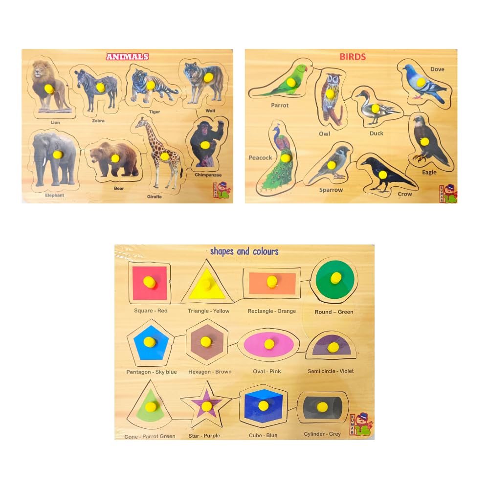 5-Piece Wooden Learning Puzzle Set for Kids & Adults - Numbers 1-20, Vegetables, Shapes, Birds, Wild Animals - Educational Wooden Toys for Toddlers 3+ and Jigsaw Puzzles for Family Game Night