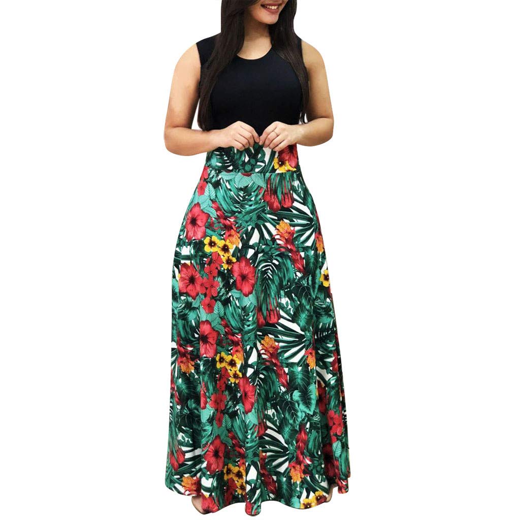 Floral Print Sundress - Women's Sleeveless Maxi Summer Dress with Swing Hem | Perfect for Beach Vacations, Pool Parties & Casual Outings