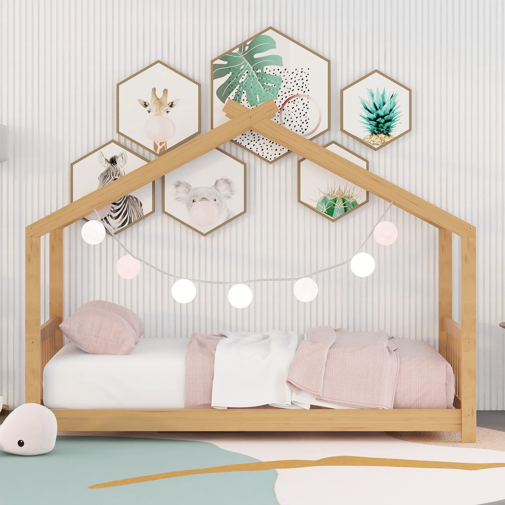 Harper & Bright Designs Twin House Bed for Kids - Wooden Floor Bed Frame with Headboard & Footboard - Montessori Style Toddler Bed for Boys & Girls - Natural Finish - Perfect for Small Rooms & Play Areas