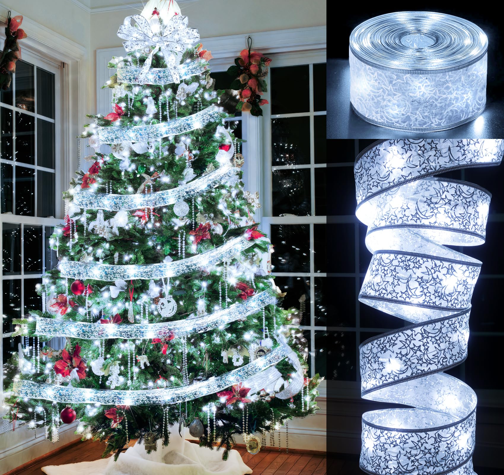 iLauke 39ft Silver Christmas Ribbon Lights - 120 LED Battery Operated Fairy String Lights for Indoor/Outdoor Holiday Decor | Perfect for Christmas Trees, Wreaths, Mantels & Party Decorations (White Light)