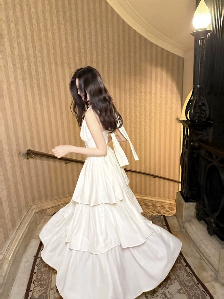 Elegant White Halter A-Line Tiered Prom Dress with V-Neck - Perfect for Evening Gala, Homecoming, and Formal Events | Style J6532