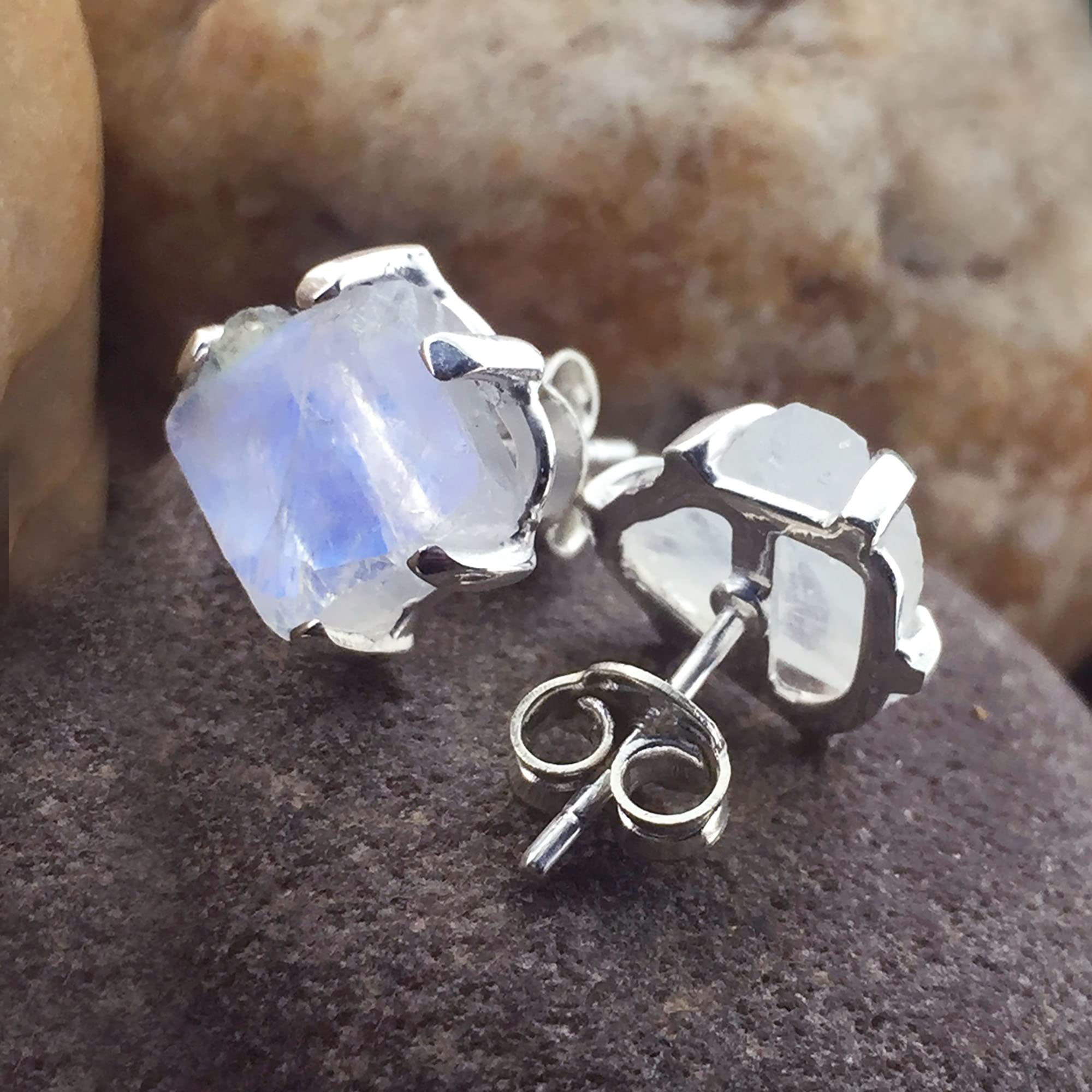 Rainbow Moonstone Stud Earrings for Women - 925 Sterling Silver Prong Set Gemstone Jewelry - Handmade Dainty Earrings - Perfect Gift for Birthday, Anniversary & Everyday Wear
