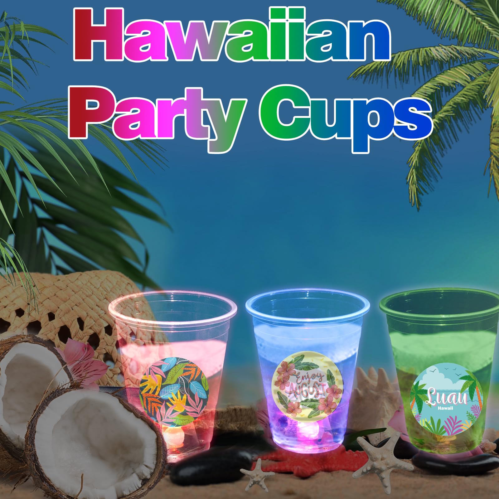 25 Glow in the Dark Plastic Tiki Party Cups - 16oz Hawaiian Luau Cups for Tropical Themed Parties, Birthday Decorations & Moana Celebrations - Perfect for Beach Parties, Poolside Gatherings & Summer Events