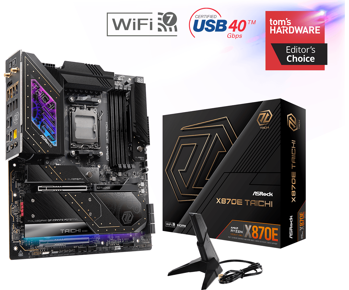ASRock X870E Taichi AM5 Socket Motherboard - AMD Ryzen 7000 Ready, PCIe 5.0, DDR5, WiFi 6E - Perfect for Gaming PCs, Content Creation & High-Performance Workstations