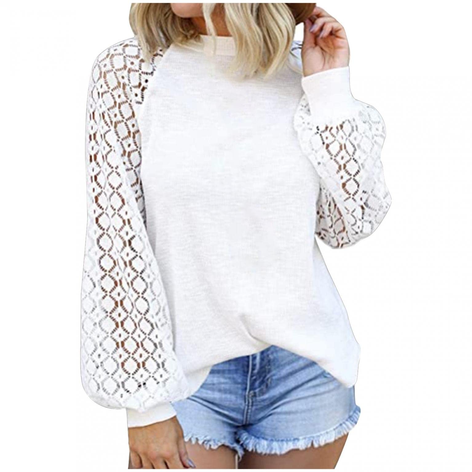 Women's Casual Long Sleeve Lace Hollow Out Blouse - Round Neck Loose Pullover Top for Work, Dressy Occasions & Everyday Wear | Elegant Office Shirt & Stylish Layering Piece