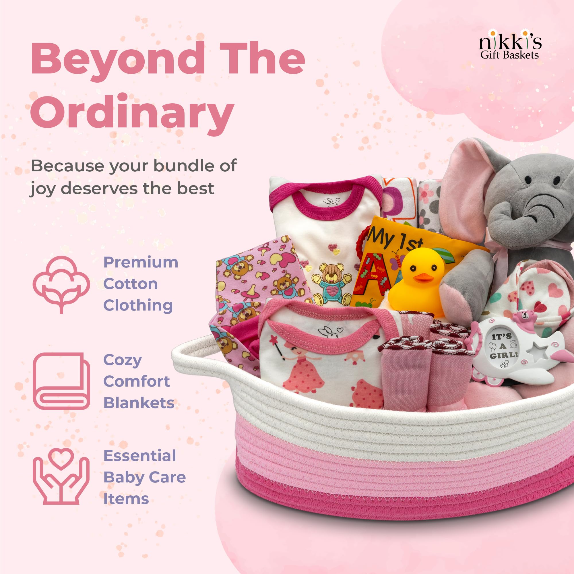 Bundle of Joy Deluxe Newborn Baby Gift Basket Set - Pink Baby Essentials & Layette for Baby Girls | Perfect Baby Shower Gift for Expecting Moms | Nikki's Gift Baskets | Ideal for Welcome Home, Hospital Visits & New Parent Gifting