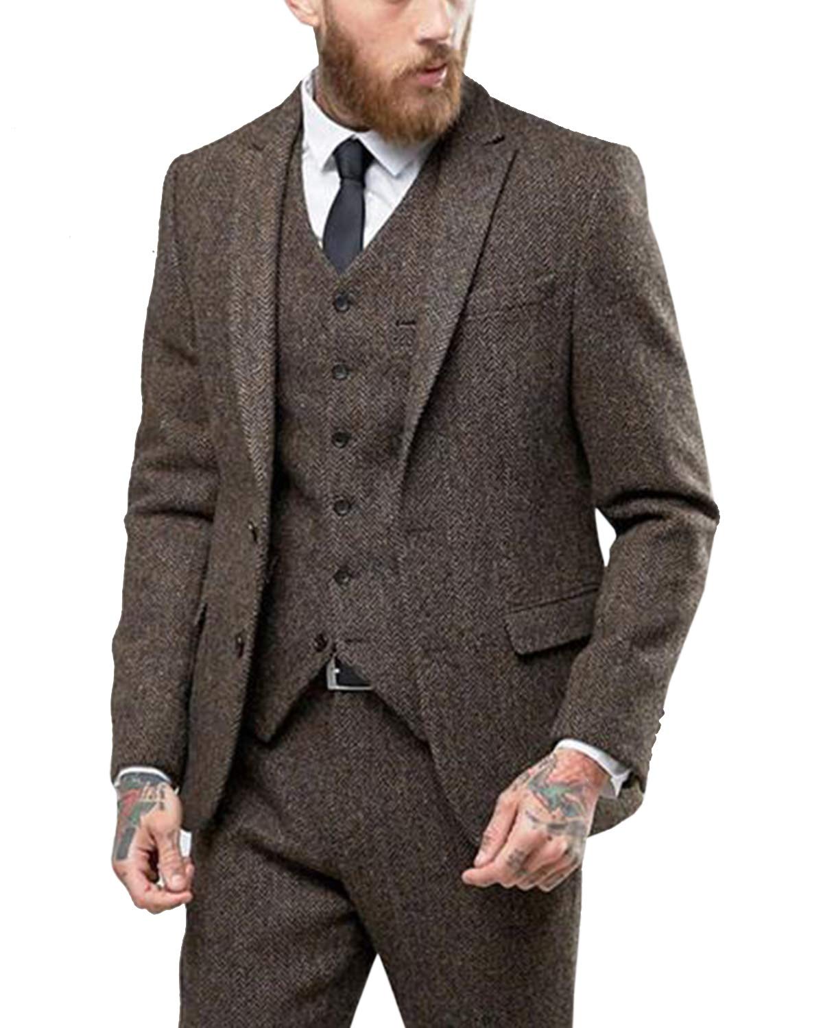 Wemaliyzd Men's 3-Piece Formal Suit Set - Notch Lapel Tweed Blazer, Vest & Dress Pants (Coffee, Size 50R) | Business Attire, Office Wear, Wedding & Special Occasion Outfit