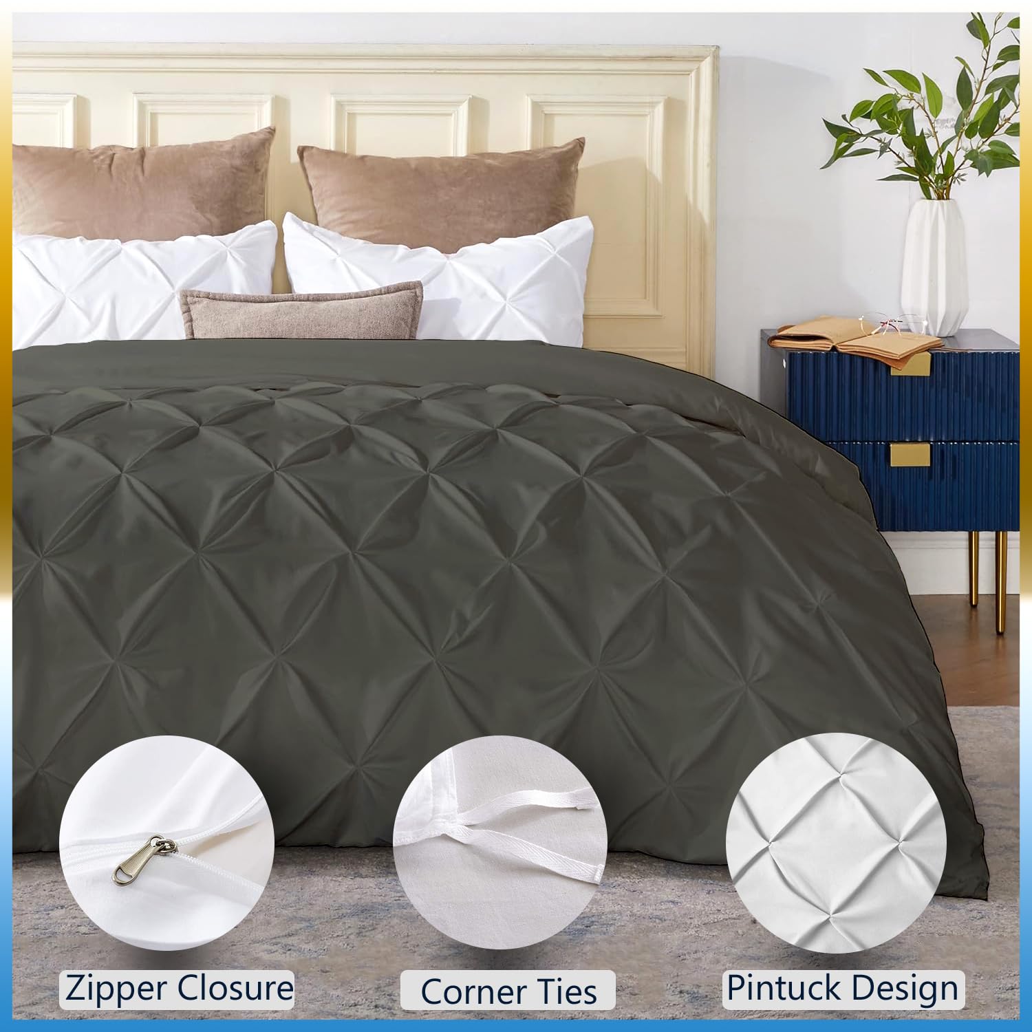 Premium 800 TC Egyptian Cotton King/Cal-King Duvet Cover (104x94 Inches) - Breathable, Soft Dark Grey Solid with Zipper & Corner Ties | Luxury Pinch Plated Pintuck Design for California Bedding | Perfect for Master Bedrooms, Guest Rooms & Upscale Hotels