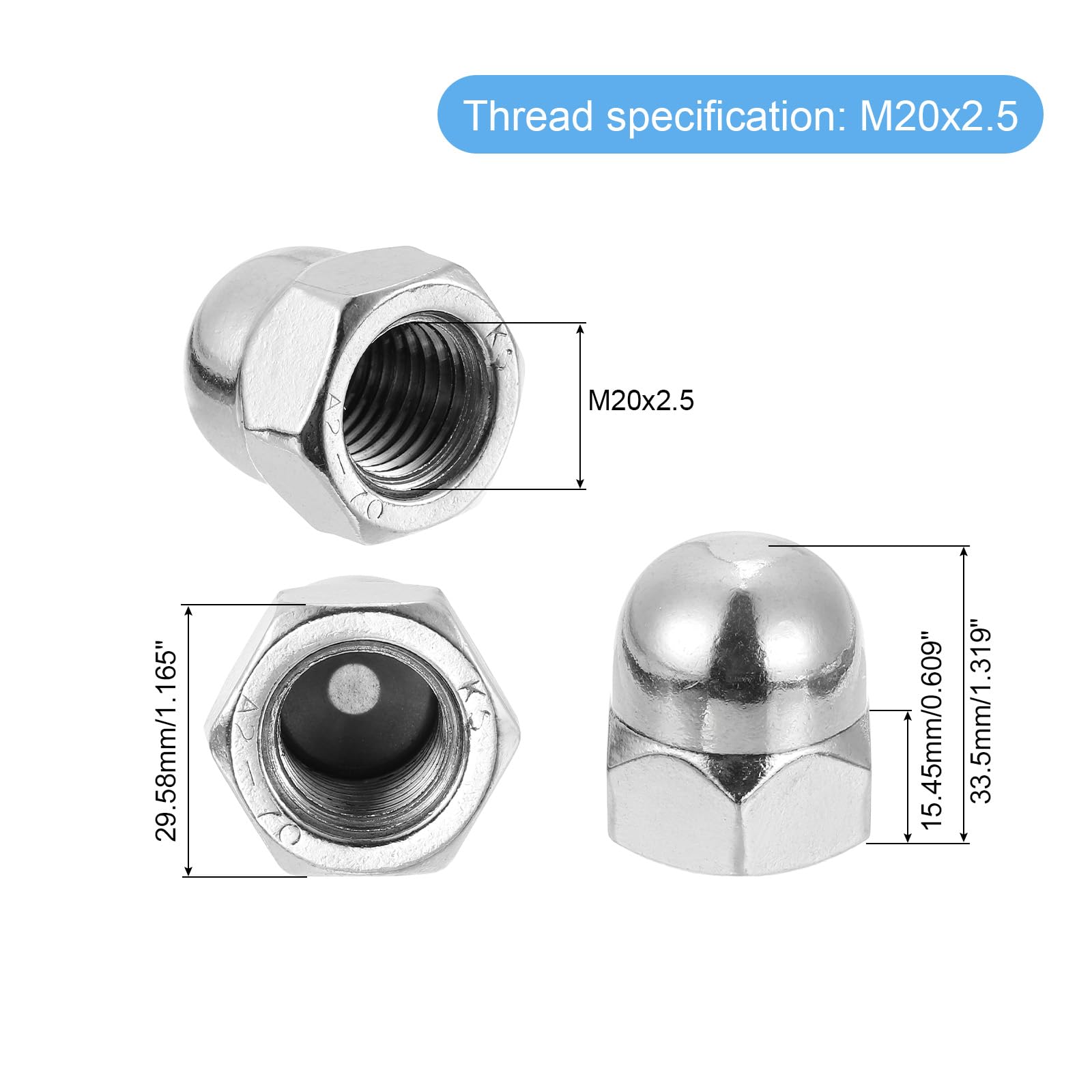 304 Stainless Steel M20x2.5 Acorn Cap Nuts - 2Pcs Dome Head Bolt Cover Hardware (Silvery) - Perfect for Automotive, Marine & Outdoor Equipment Protection