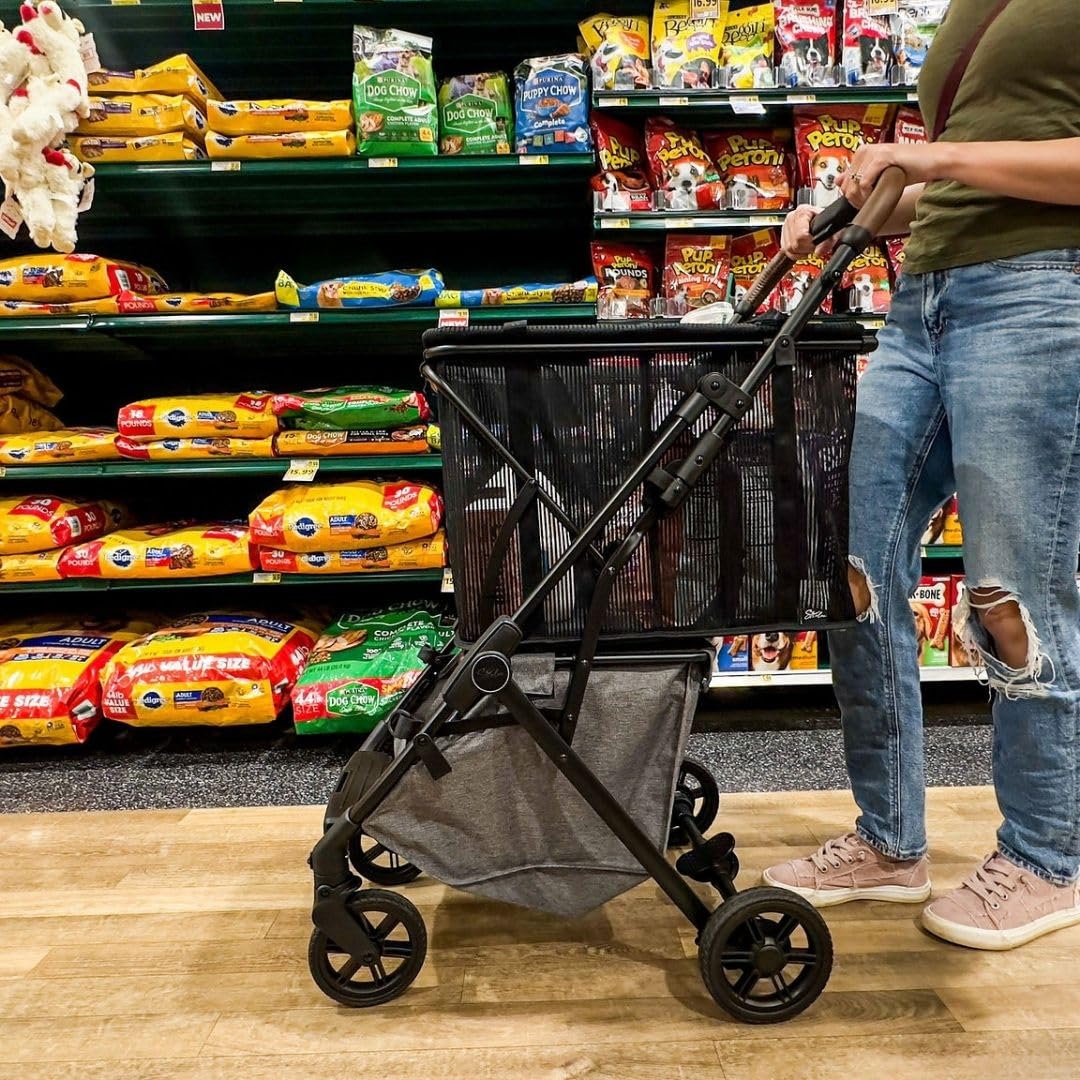 Premium Pet Stroller & Folding Shopping Cart with Lightweight Aluminum Frame - Removable Bassinet, Shopping Bag & Storage for Small to Medium Dogs & Cats (Shadow) - Perfect for Outdoor Walks, Shopping Trips & Vet Visits