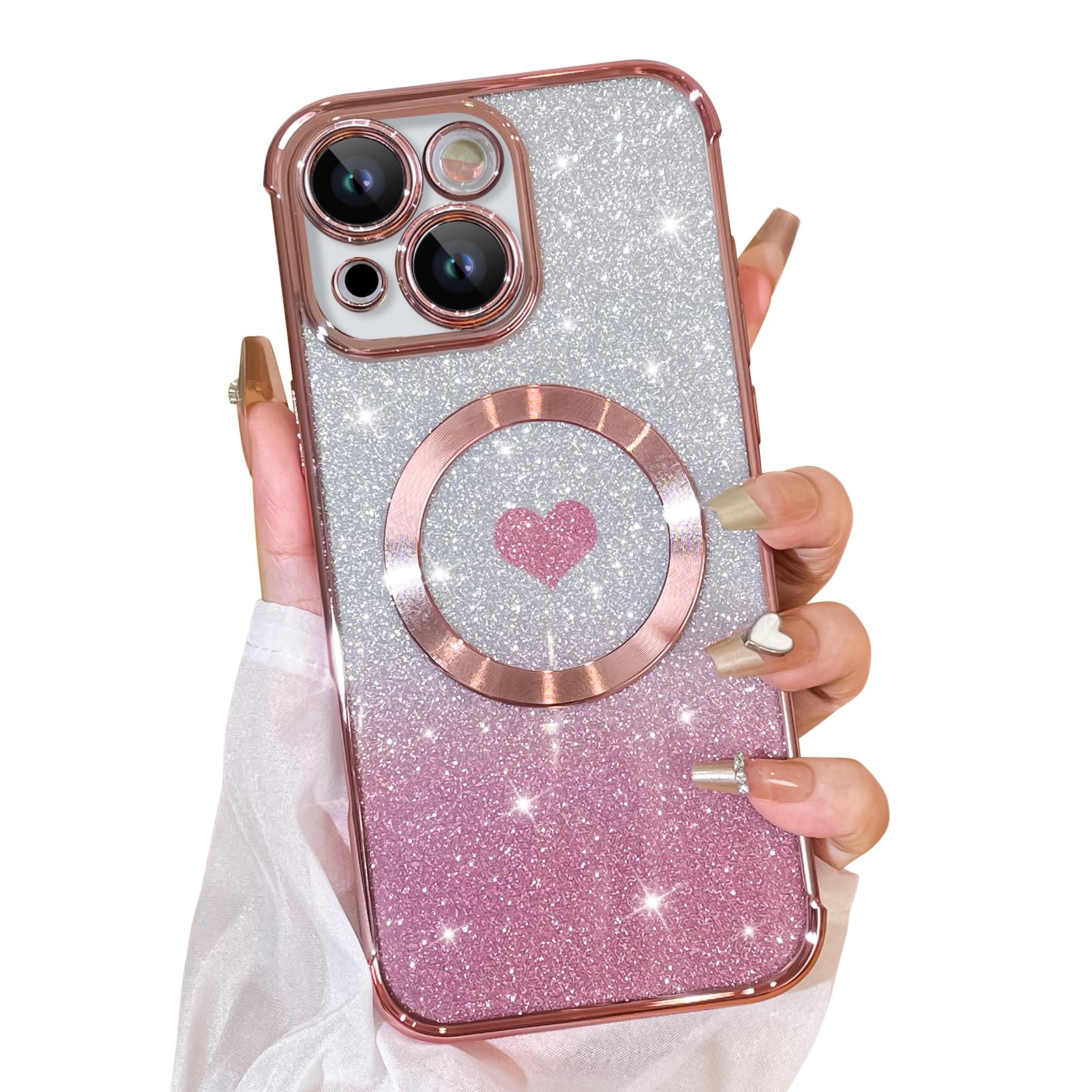 Bonoma Magnetic Glitter iPhone 15 Case [MagSafe Compatible] - Luxury Heart Pattern Bling Clear Cover with Camera Protection | Sparkly Slim Soft Back Case for Women & Girls (Pink) | Perfect for Everyday Use, Parties & Gift Giving